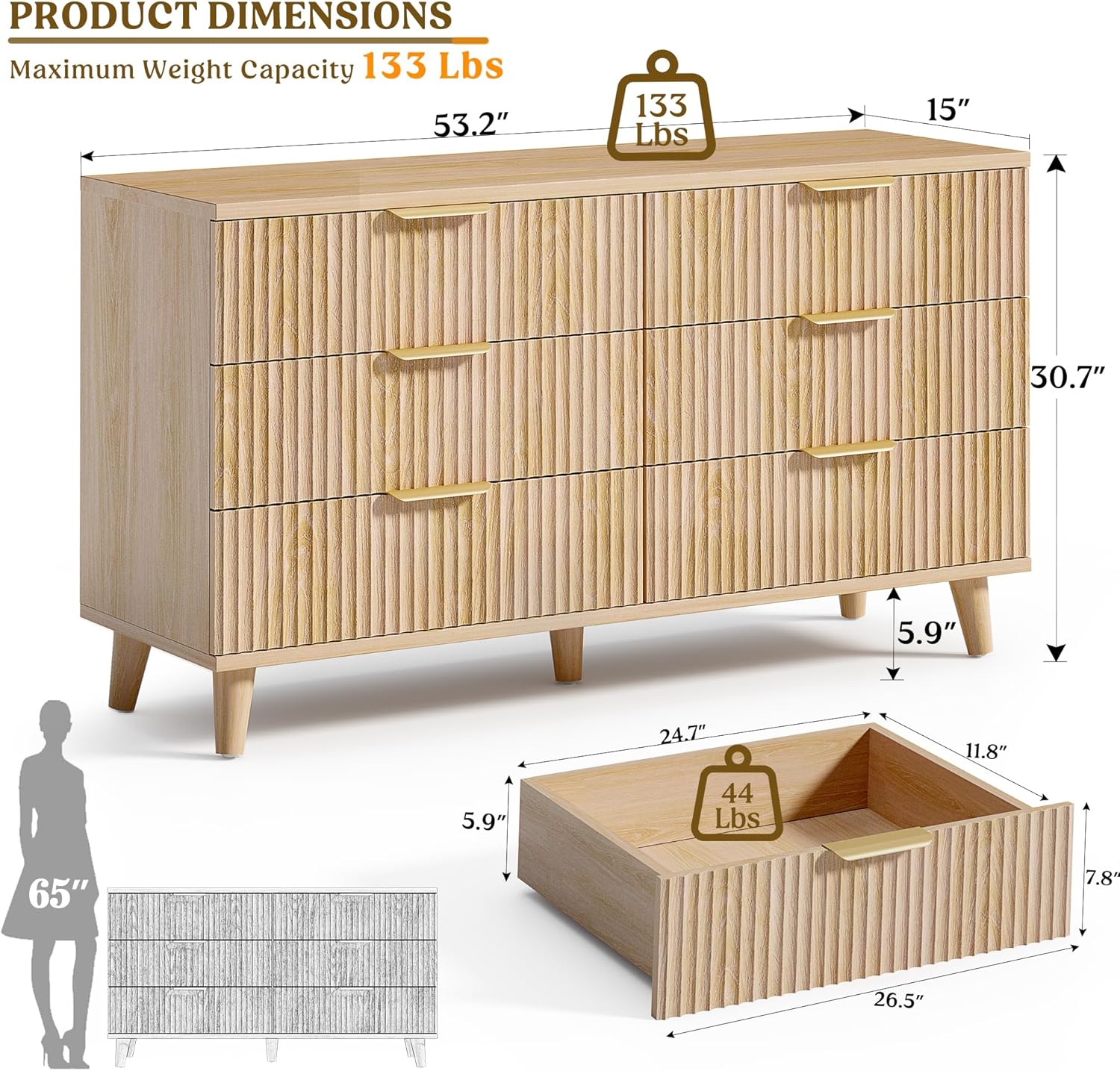 Lulive Dresser for Bedroom Wood Dressers Chest of Drawers, Fluted 53.2