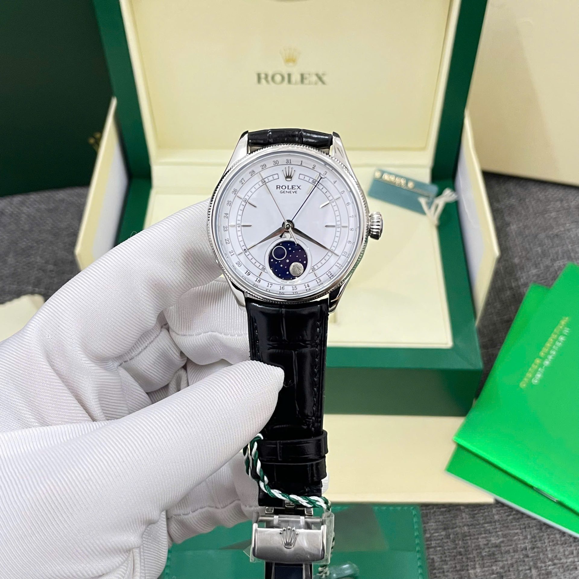 Rolex High End Watch Replicas Cellini Moonphase White Dial Leather Strap 39mm - Elite Watch Atelier