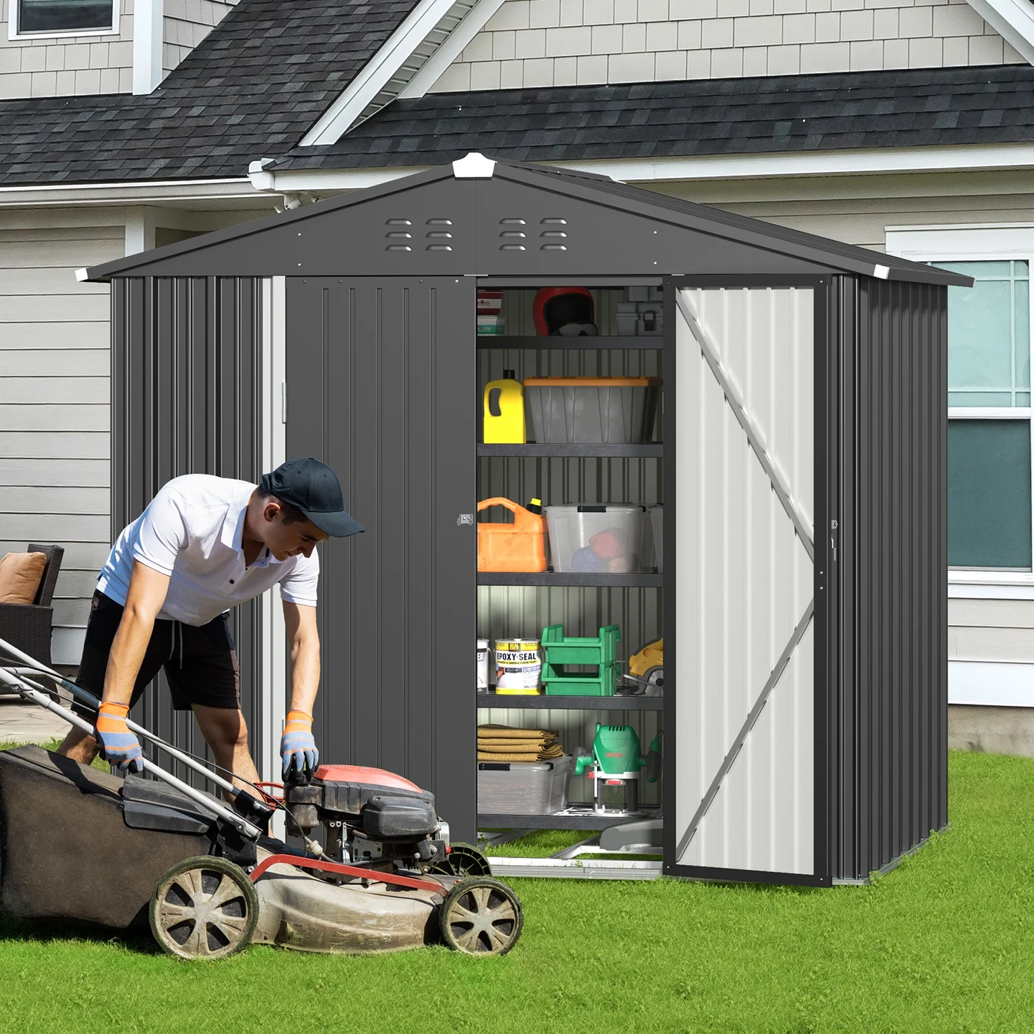 8' x 6' Outdoor Storage Shed, Lofka Garden Metal Shed with Double Lockable Doors and Air Vents for Patio, Garden, Backyard, Lawn, Gray - Image 6