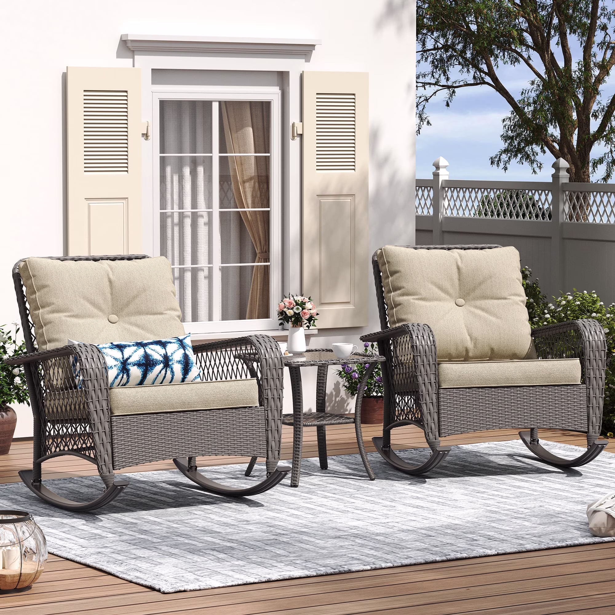 ELPOSUN 3-Piece Outdoor Rocking Chairs, Wicker Patio Furniture with Thickened Cushions and Table for Porch - Image 11