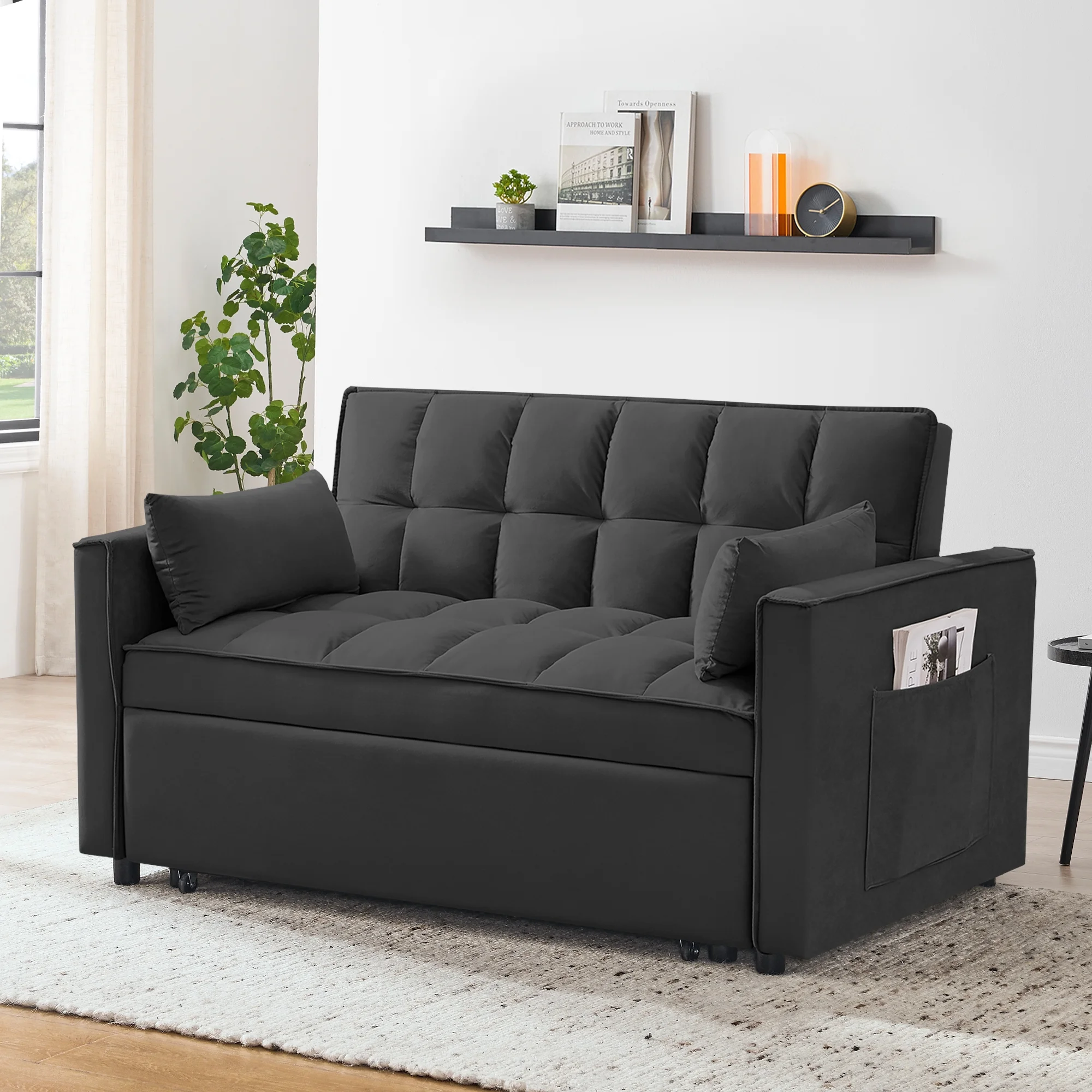 Convertible Sofa Bed,3-in-1 Sleeper Sofa with Pull Out Bed,Velvet Highly Elastic Sponge Futon Couch Loveseat with Adjustable Backrest and 2 Pillows for Living Room,Gray - Image 19