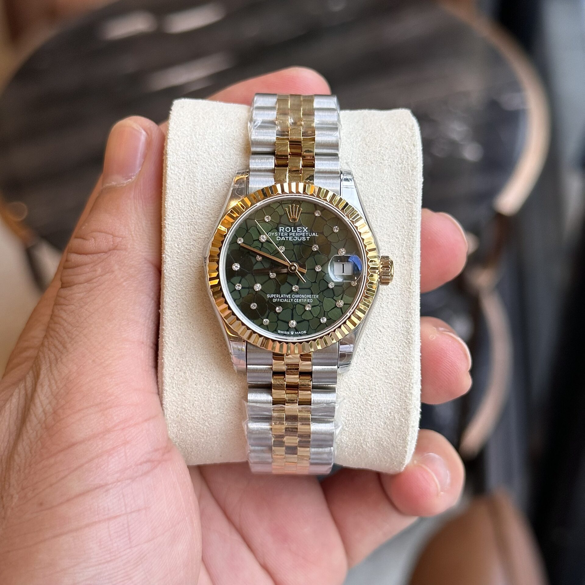 Rolex DateJust Replica Watch Demi Gold Green Leaf Dial 31mm - Elite Watch Atelier