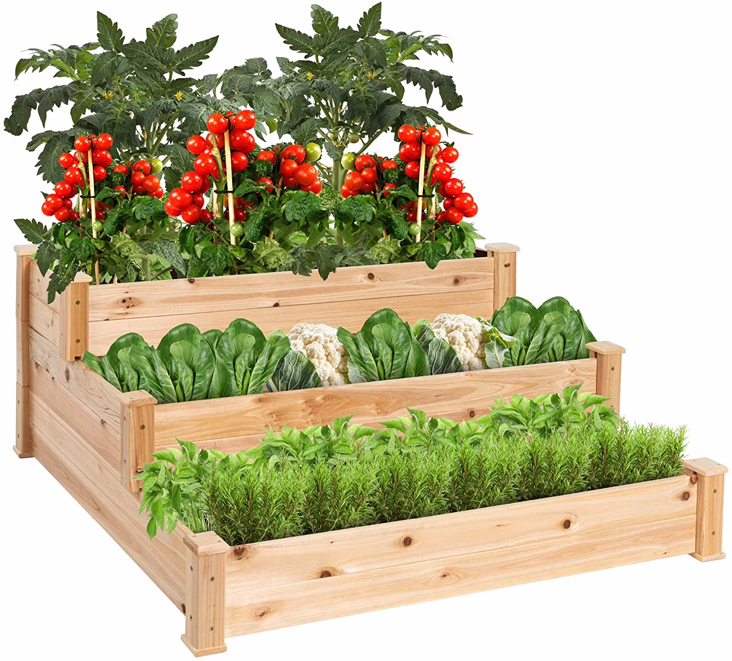 PINDEE 3-Tier Fir Wood Raised Garden Bed Planter Kit for Plants, Herbs, Vegetables, Outdoor Gardening w/Stackable & Flat Arrangement, Easy Assembly - Natural