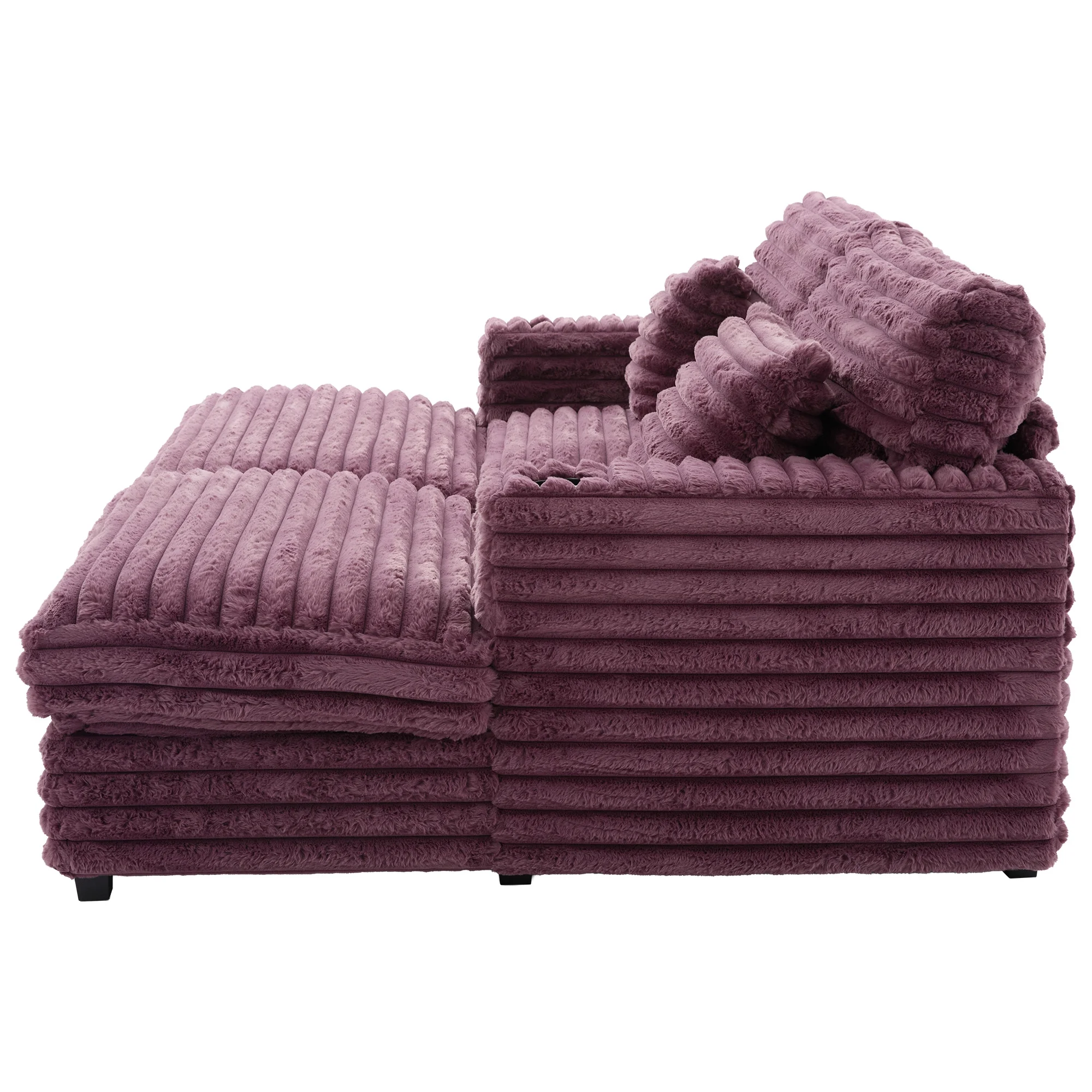 Oversized Double Chaise Lounge, Faux Fur Upholstered Deep Seat Sofa with 2 Pillows, 2 Cupholders, and Dual USB Ports - Image 9