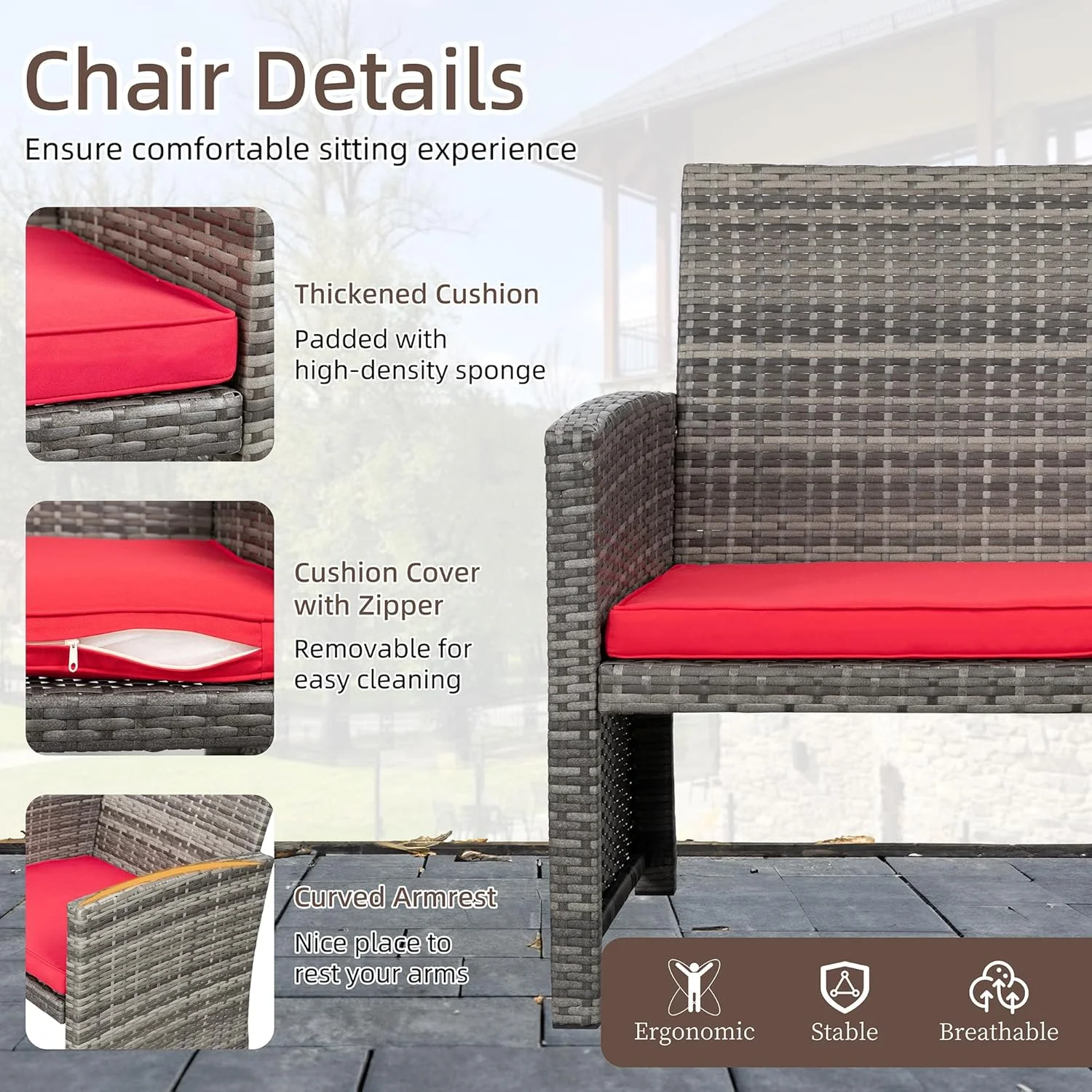 4-Piece Outdoor Gray Wicker Patio Conversation Furniture Set, Rattan Patio Furniture Set with Weather Resistant Cushions and Tempered Glass Tabletop,Red