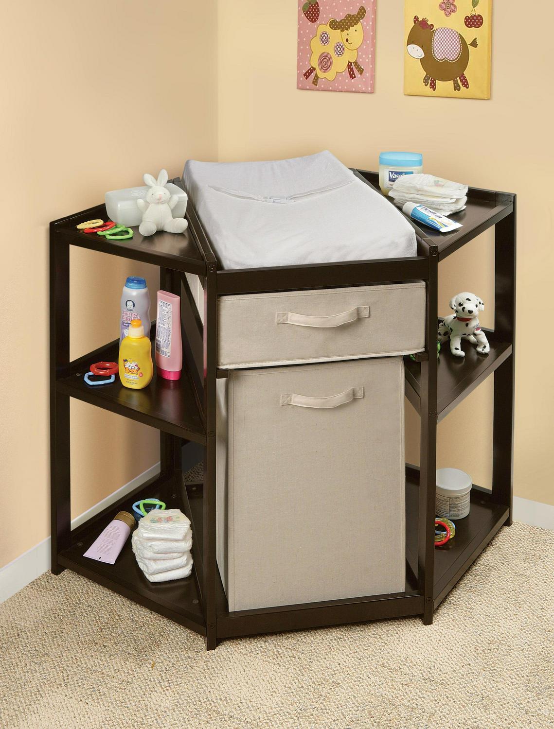 Badger Basket Diaper Corner Baby Changing Table with Hamper and Basket. Espresso
