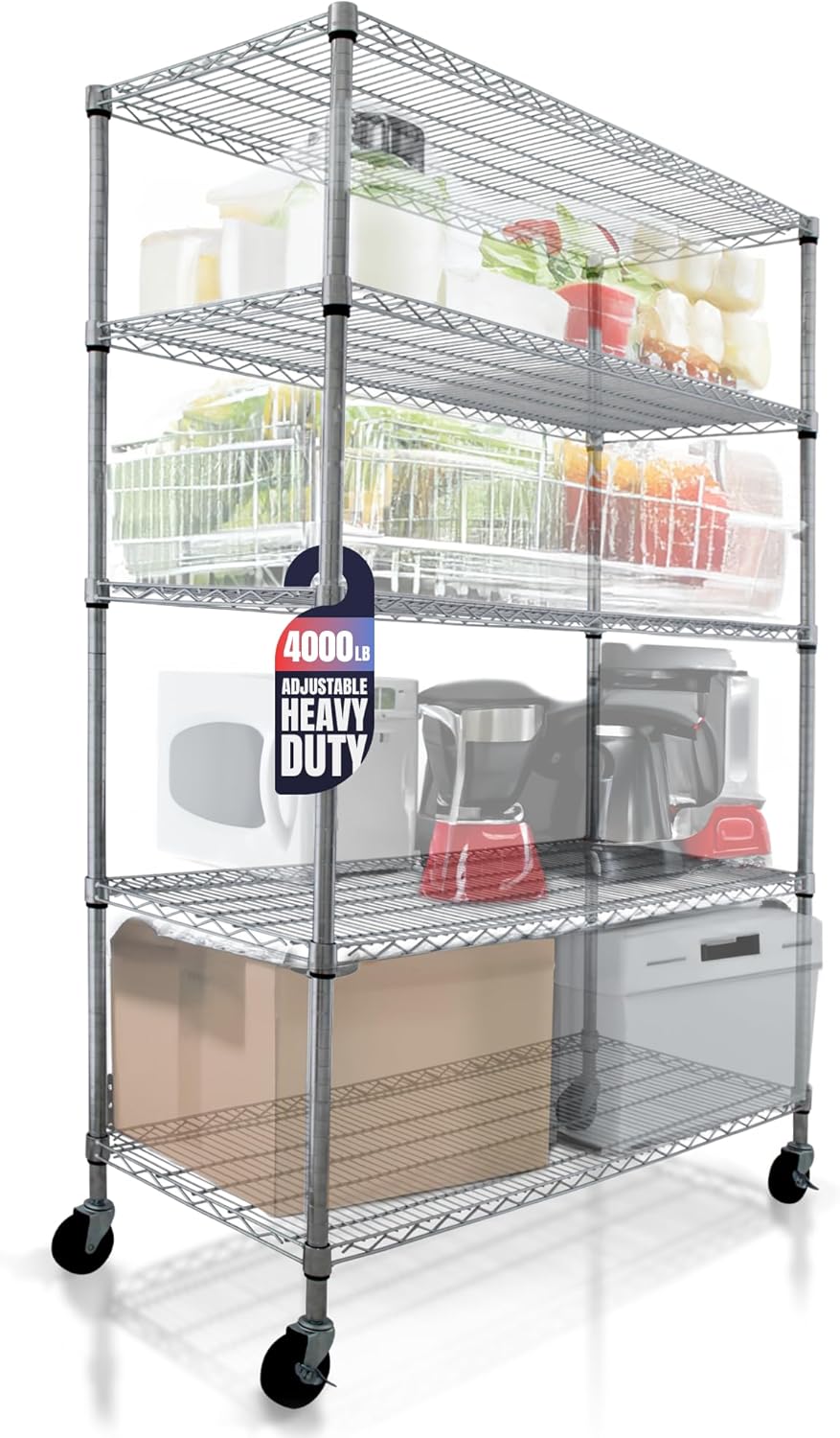 4000 LBS Heavy Duty Wire Rack, 48 x 24 x 76, 5-Tier NSF Commercial Rolling Rack with 4
