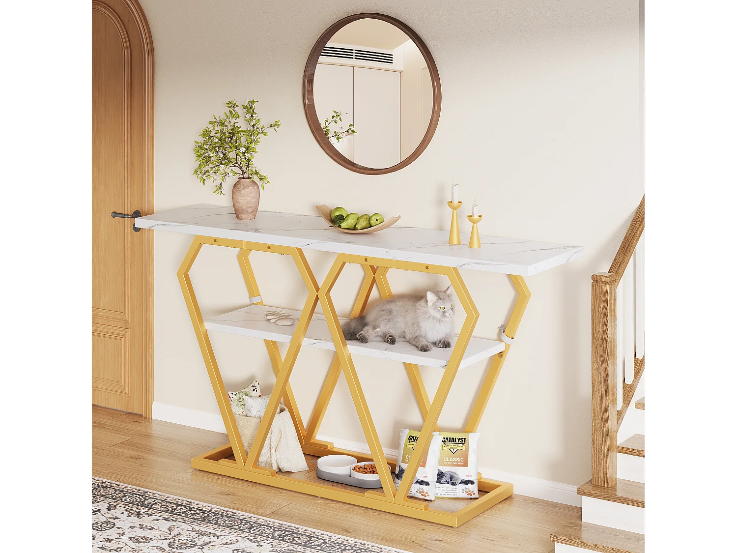 Console avec plateau effet marbre - Pieds en métal doré - Blanc