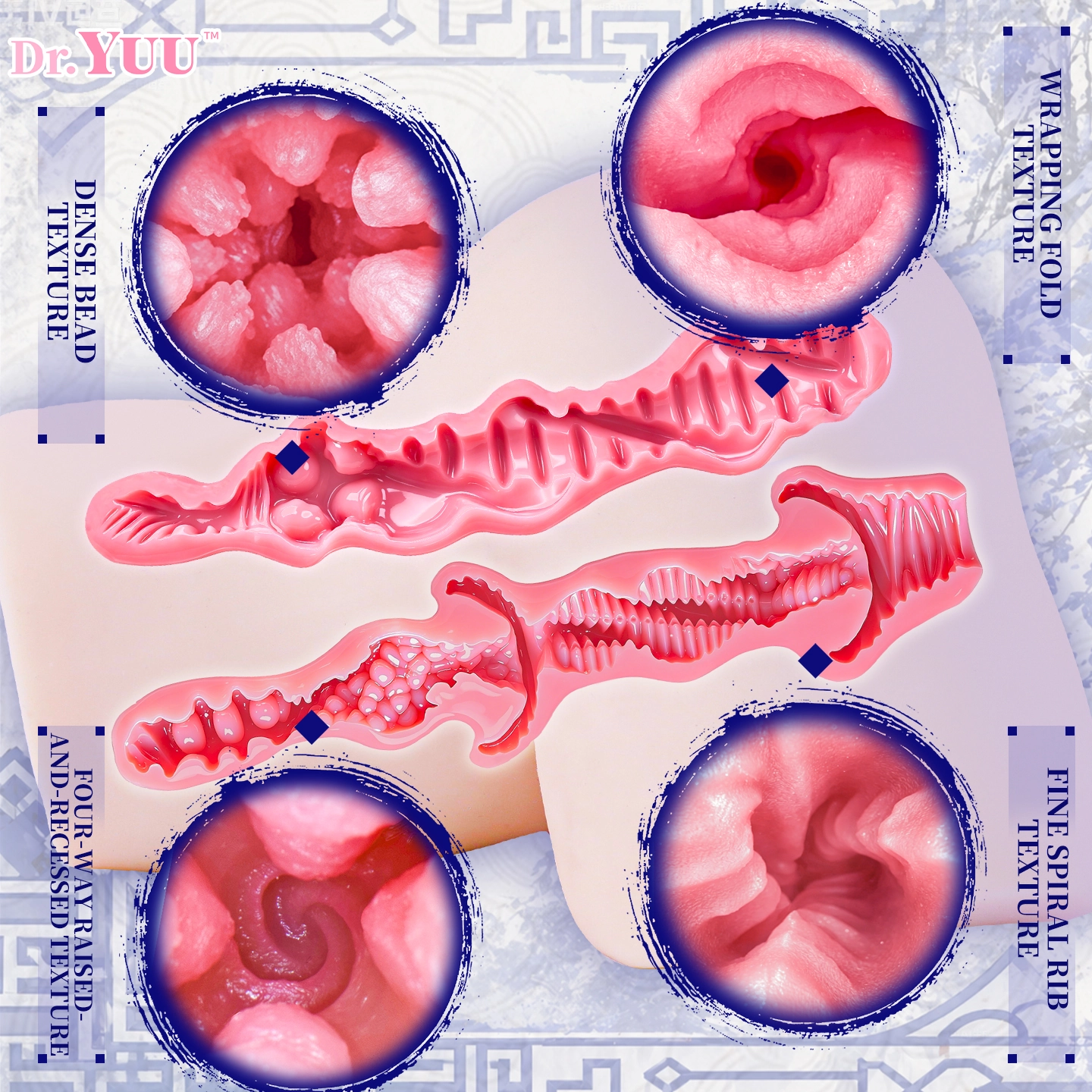 Dual entry masturbator featuring two separate non-through internal channels with distinct front and rear texture designs