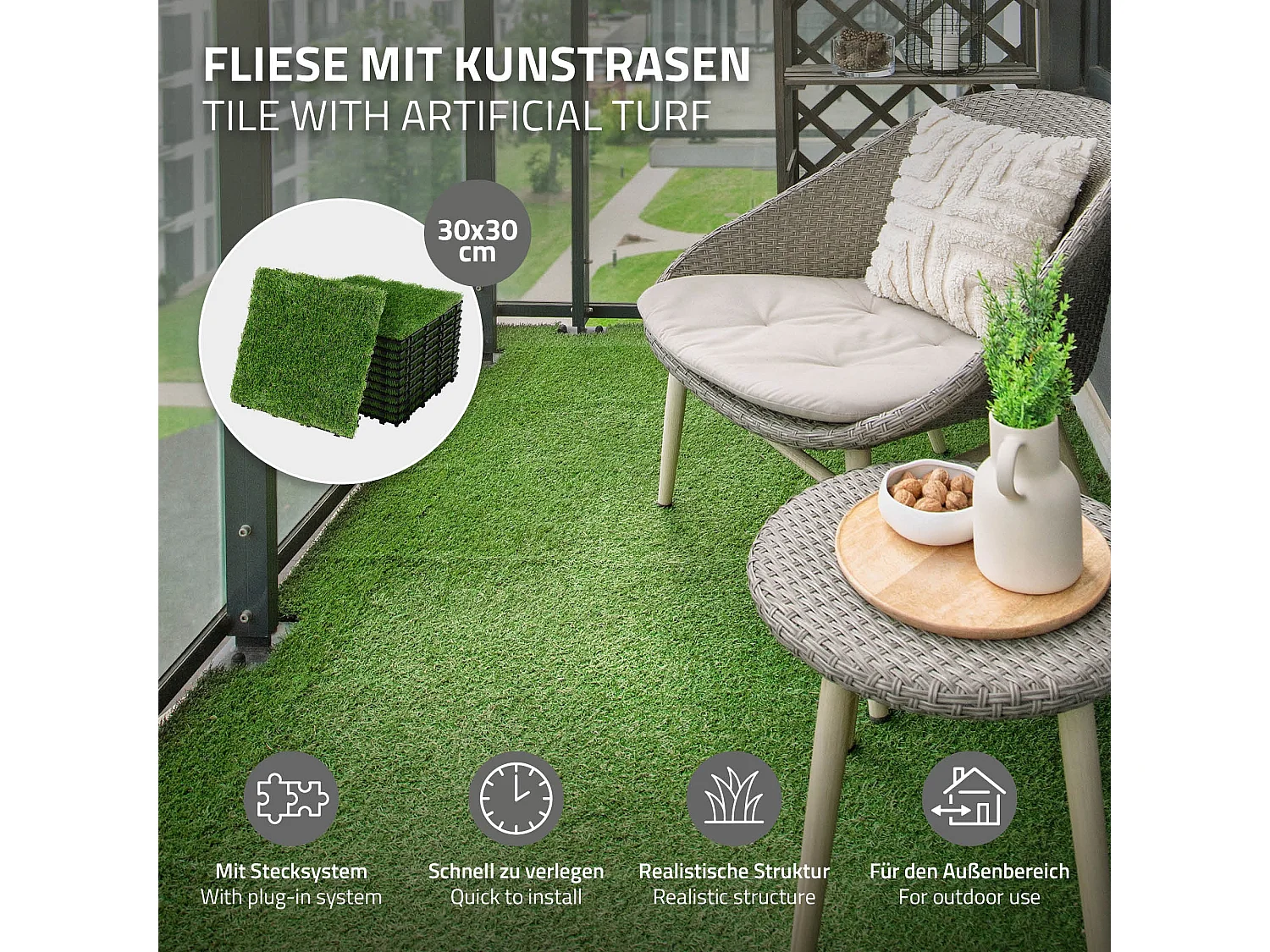 Dalles gazon synthétique 30x30 cm lot de 44 pièces 4m² clipsables avec drainage pelouse artificielle résistante UV jardin terrasse balcon intérieur