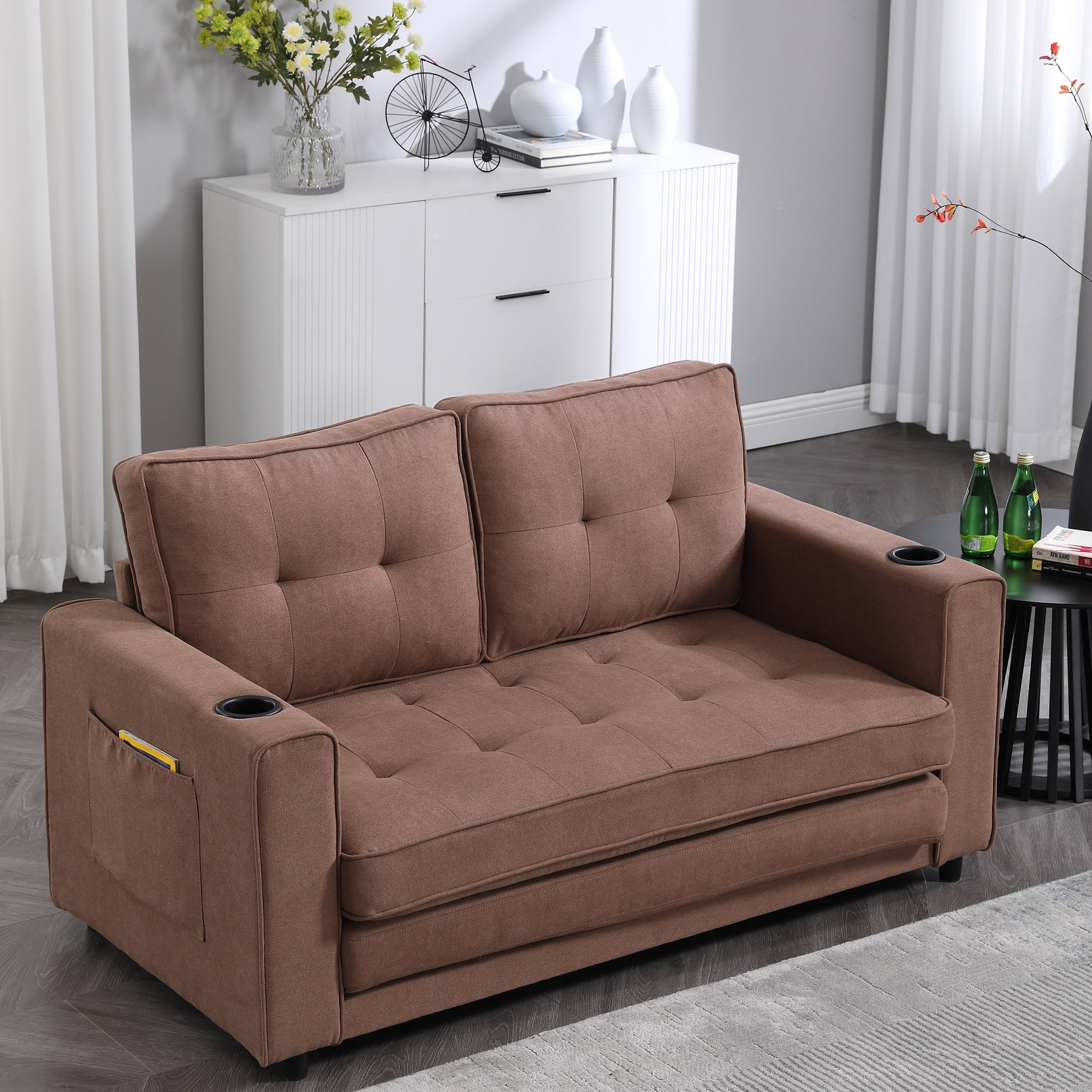 3-in-1 Convertible Futon Sofa Bed - Tufted Upholstered Loveseat with Foldable Sleeper & Side Storage Pockets, Space-Saving Multi-Functional Design for Living Rooms??? Brown???