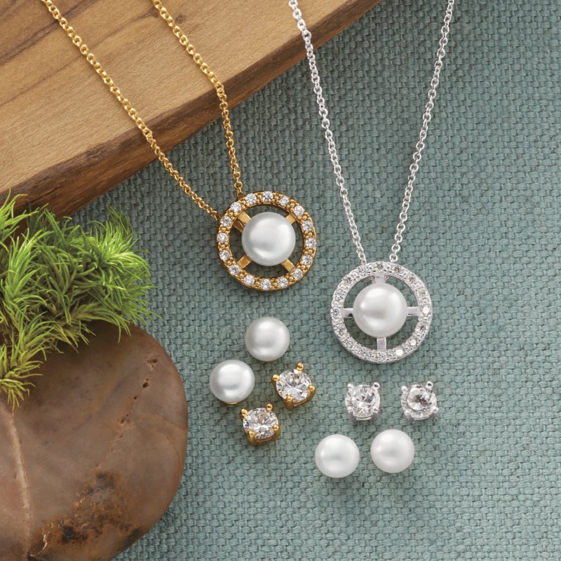 Pearl/Cubic Zirconia Pendant & 2-Pair Post Set - MIDNIGHT VELVET CATALOG