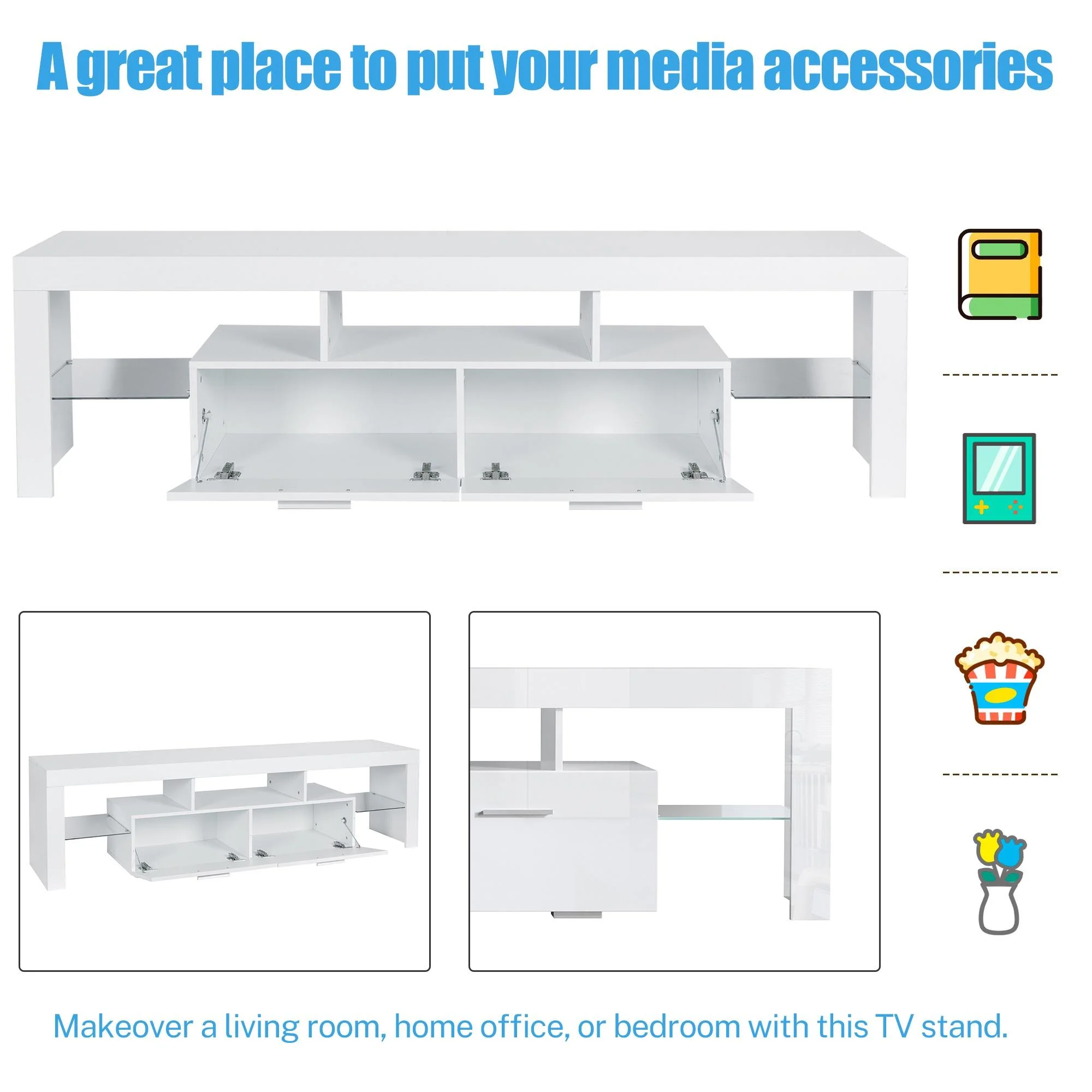 PAPROOS TV Stand for TVs up to 70", High Gloss TV Cabinet with LED Light, Modern TV Console Table with Storage Drawers, Media Television Stand Entertainment Center, White - Image 7