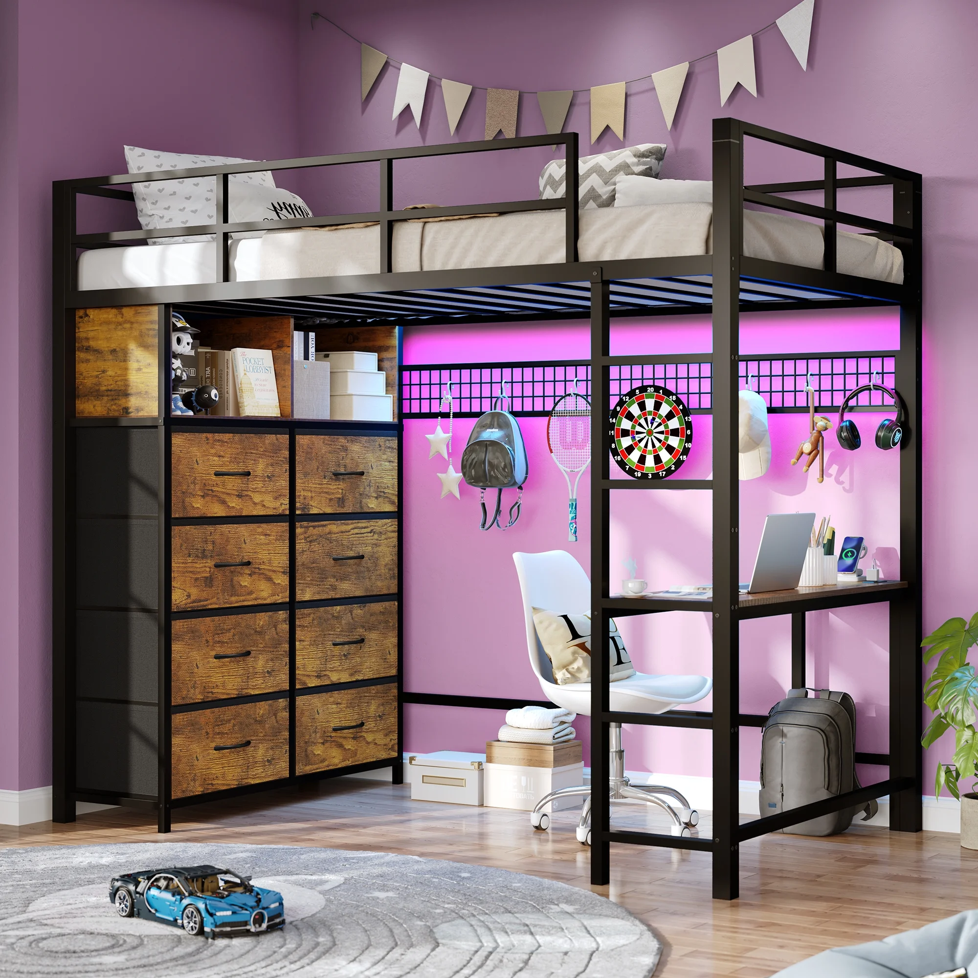 Afuhokles Twin Size Loft Bed with Desk and 8 Storage Drawers and Charging Station, Metal Loft Bed Twin with LED Lights, Storage Shelves, Black