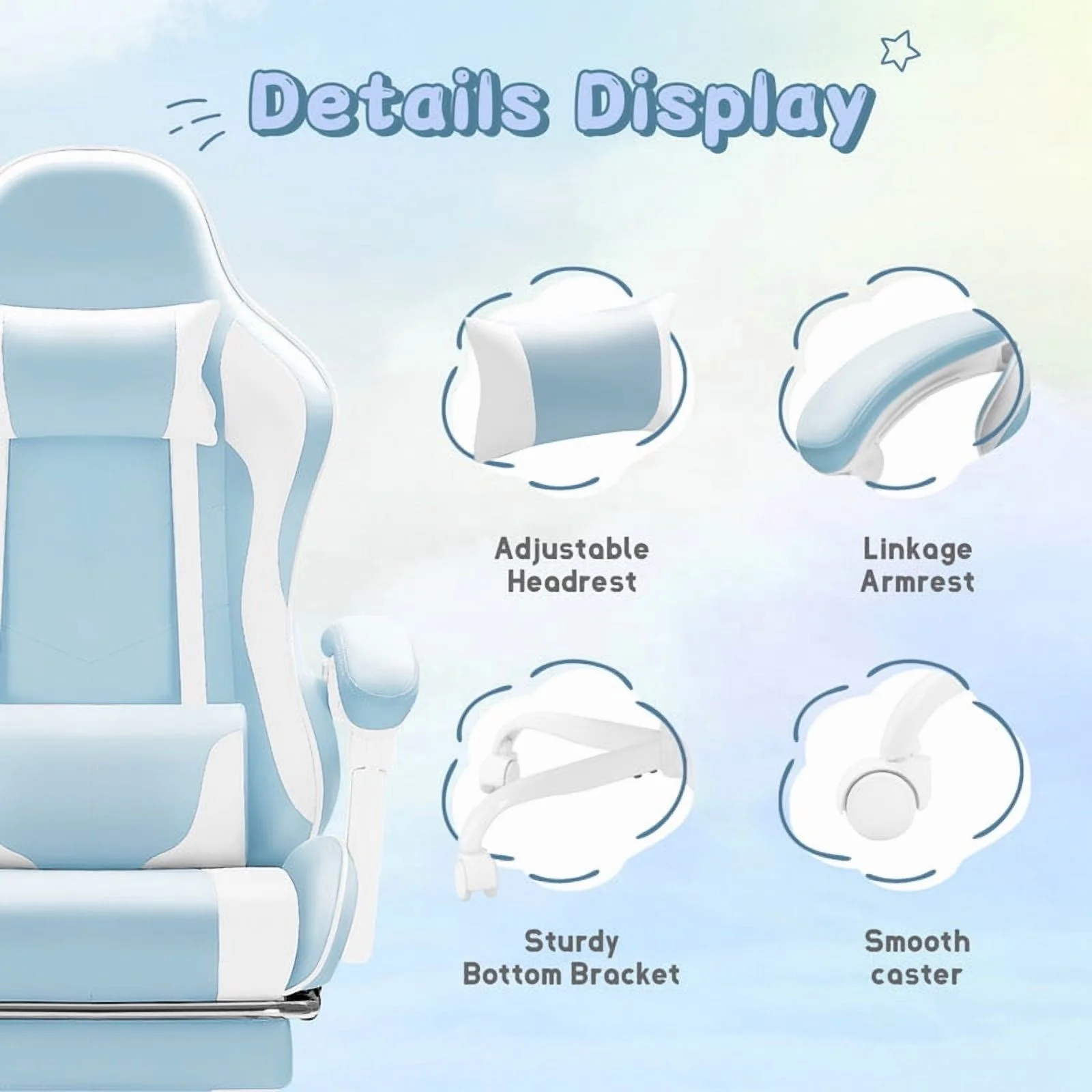 Lacoo PU Leather Gaming Chair Massage Ergonomic Gamer Chair Height Adjustable Computer Chair with Footrest & Lumbar Support, White - Image 18