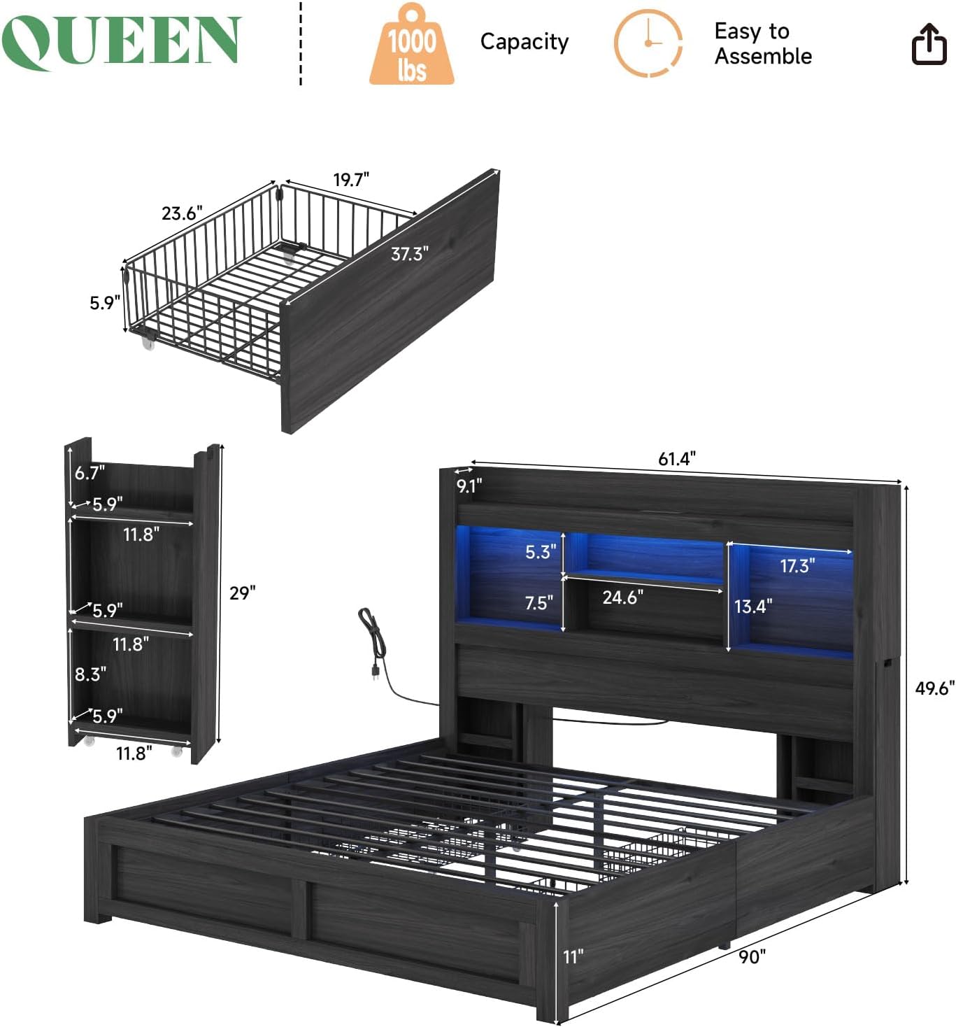 AMERLIFE Queen Bed Frame with 4 Storage Drawers, LED Bed Frame with 49.6