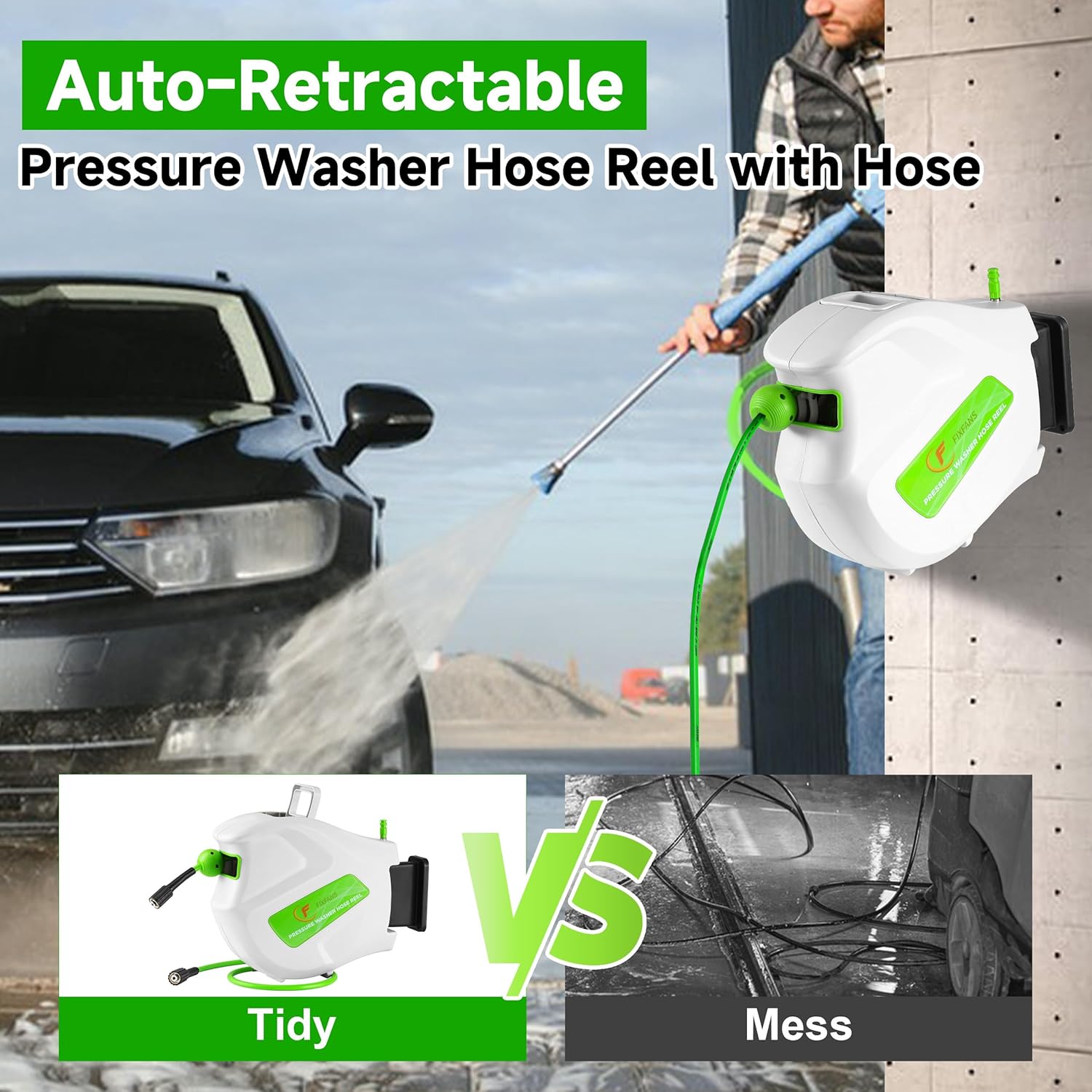 FIXFANS Pressure Washer Hose Reel with Hose, 1/4