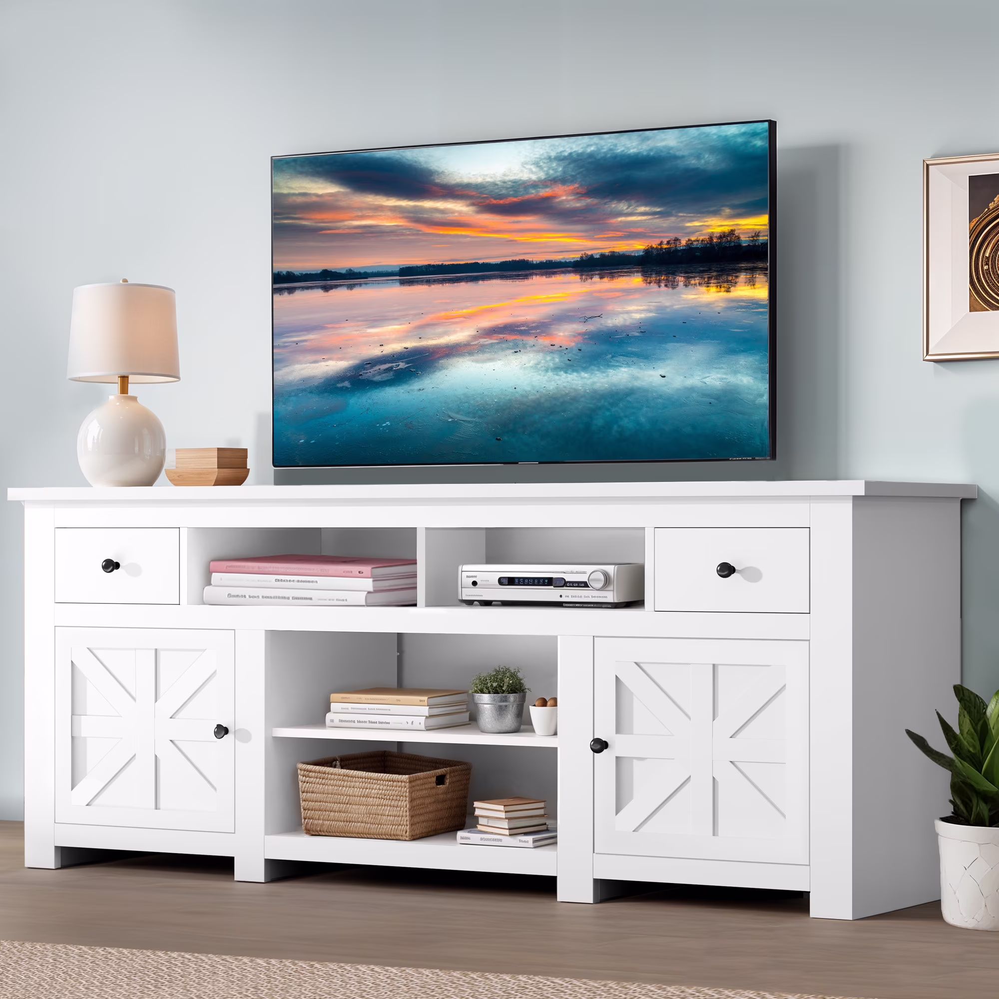 Uforic Farmhouse TV Stand for 75/80 Inch TV, Rustic Entertainment Center with Power Outlet, Storage Drawers, TV Console for Living Room, Oak - Image 3