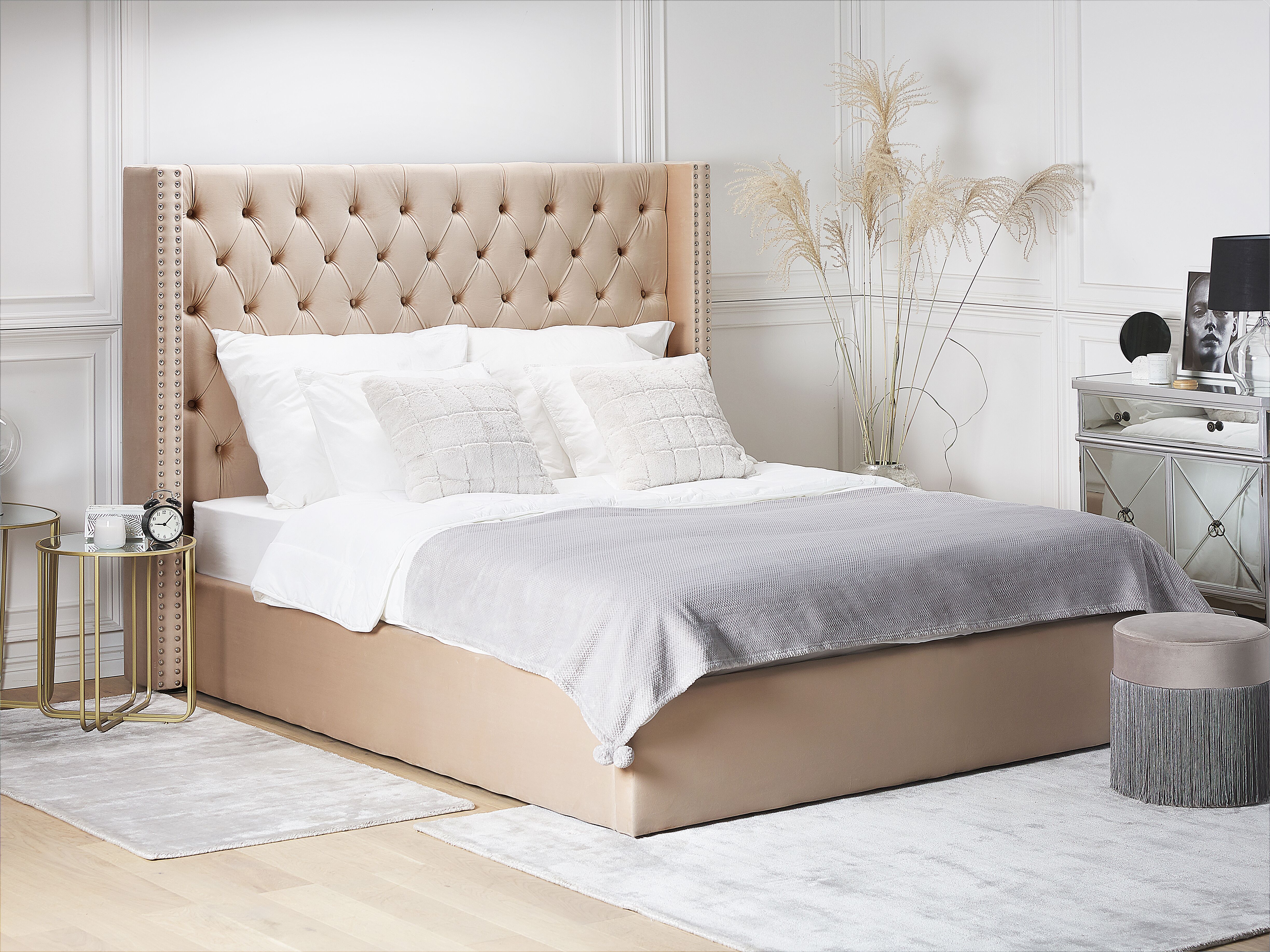 Ottoman Bed Velvet LUBBON 160 x 200 cm (EU King Size) Beige