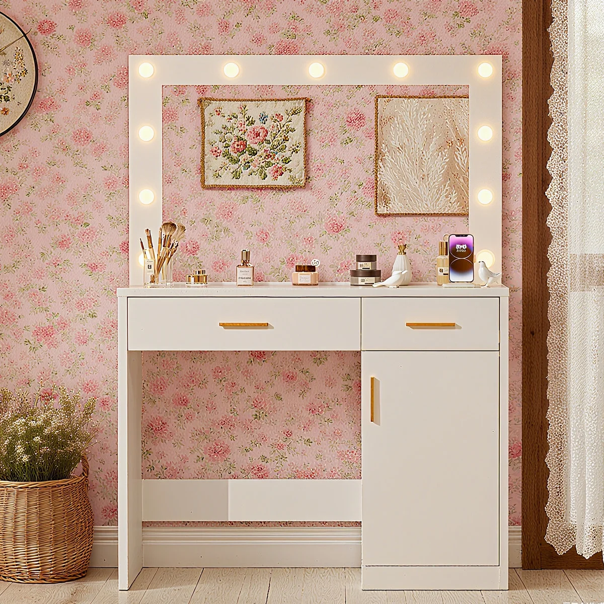 Blorly White Vanity Desk with Mirror, Makeup Vanity Table with LED Lights and Power Outlet, 3 Drawer, 4 Shelves, 1 Cabinet - Image 18