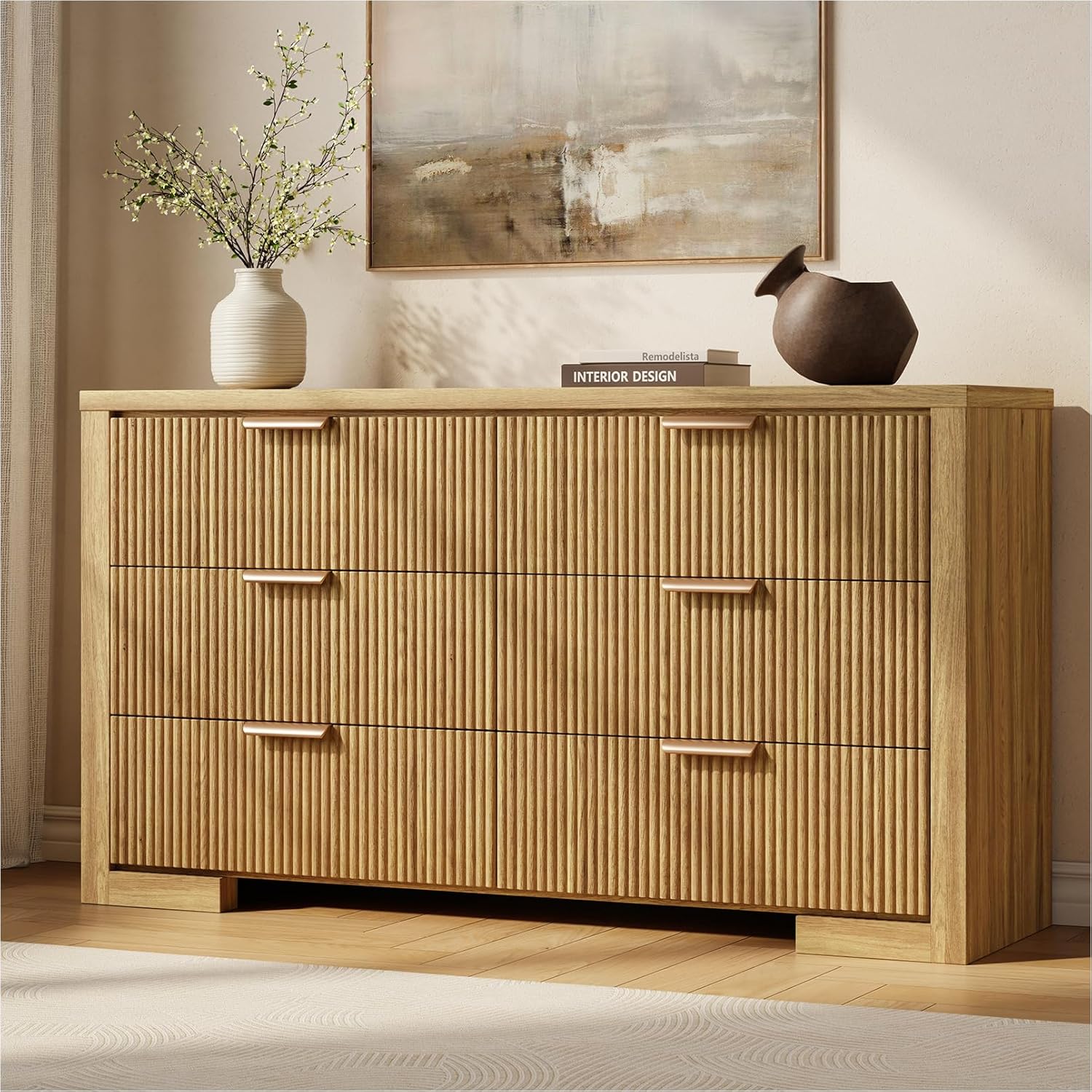 Fluted 6 Drawers Dresser for Bedroom, 54