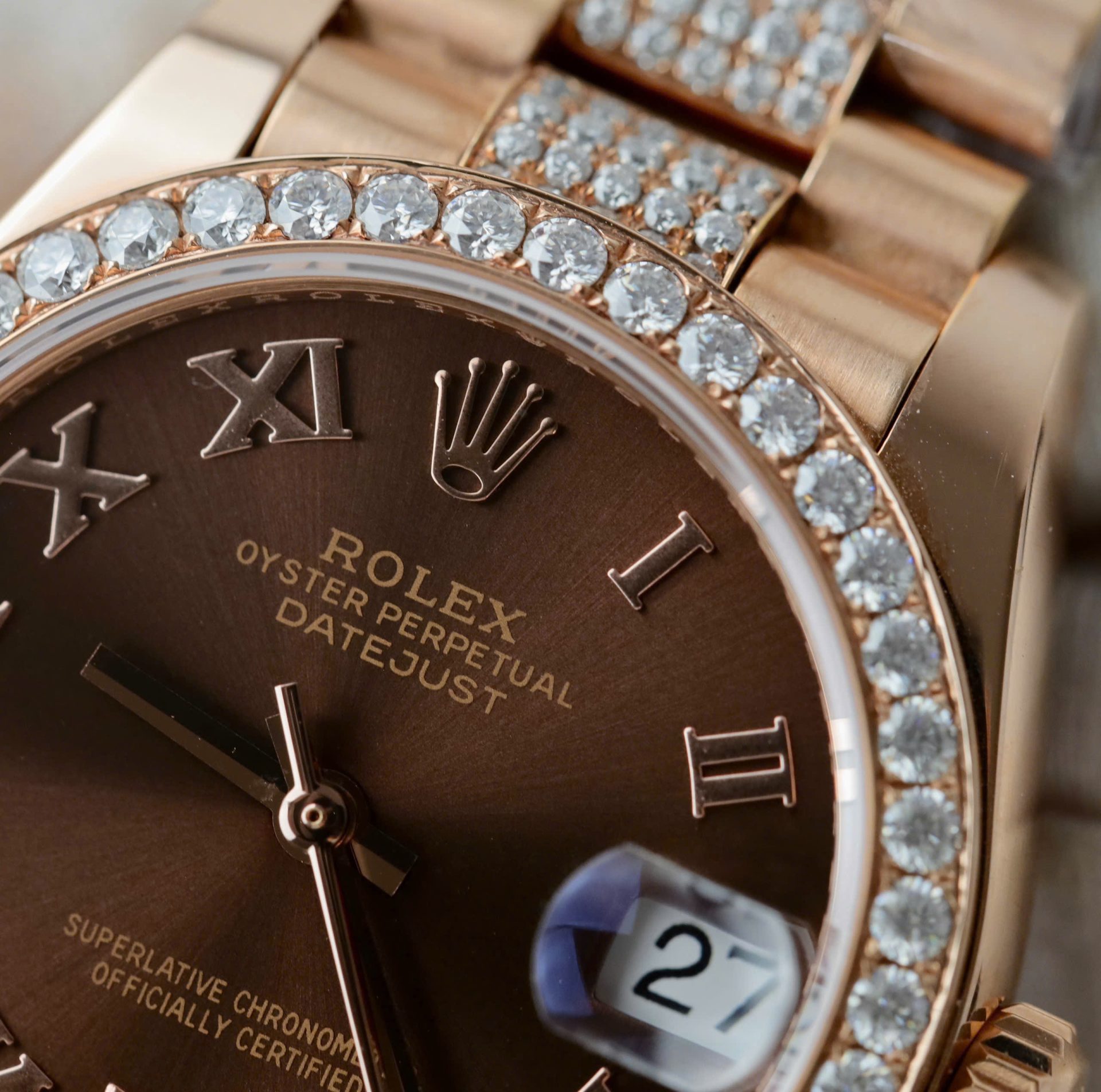 Rolex DateJust Women Dial Chocolate Copies Watches Custom Moissanite Diamonds + 18K Gold Wrapped 31mm - Elite Watch Atelier