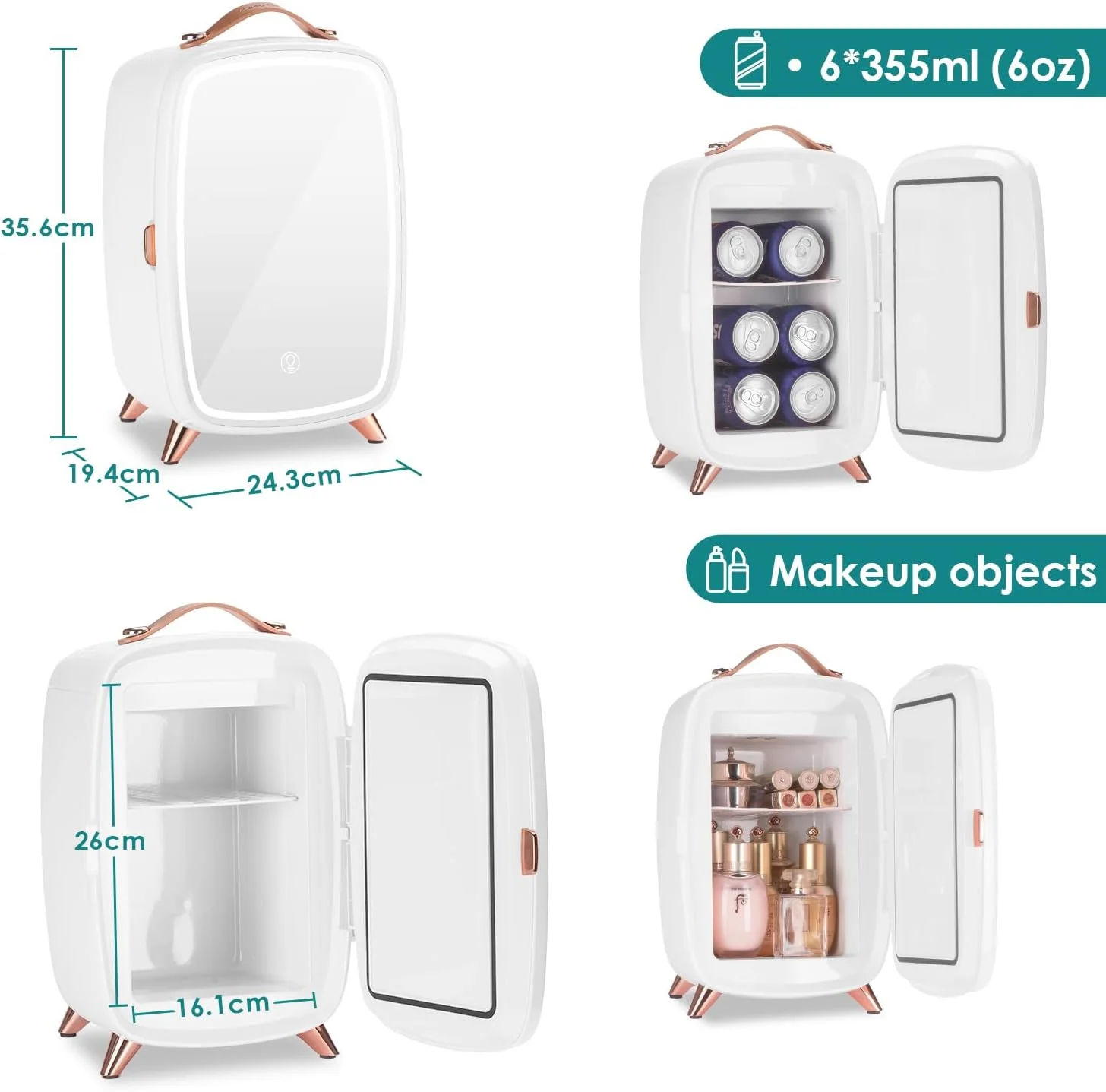 Skincare Fridge 6L White with Dimmable LED Mirror, Portable for Bedroom Car Office Dorm