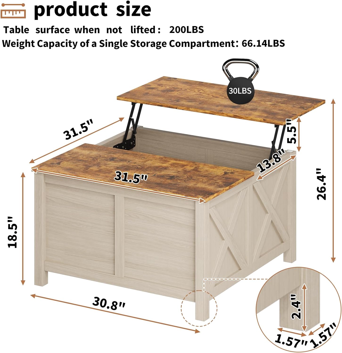 Lift Top Coffee Table with Storage, 31.5