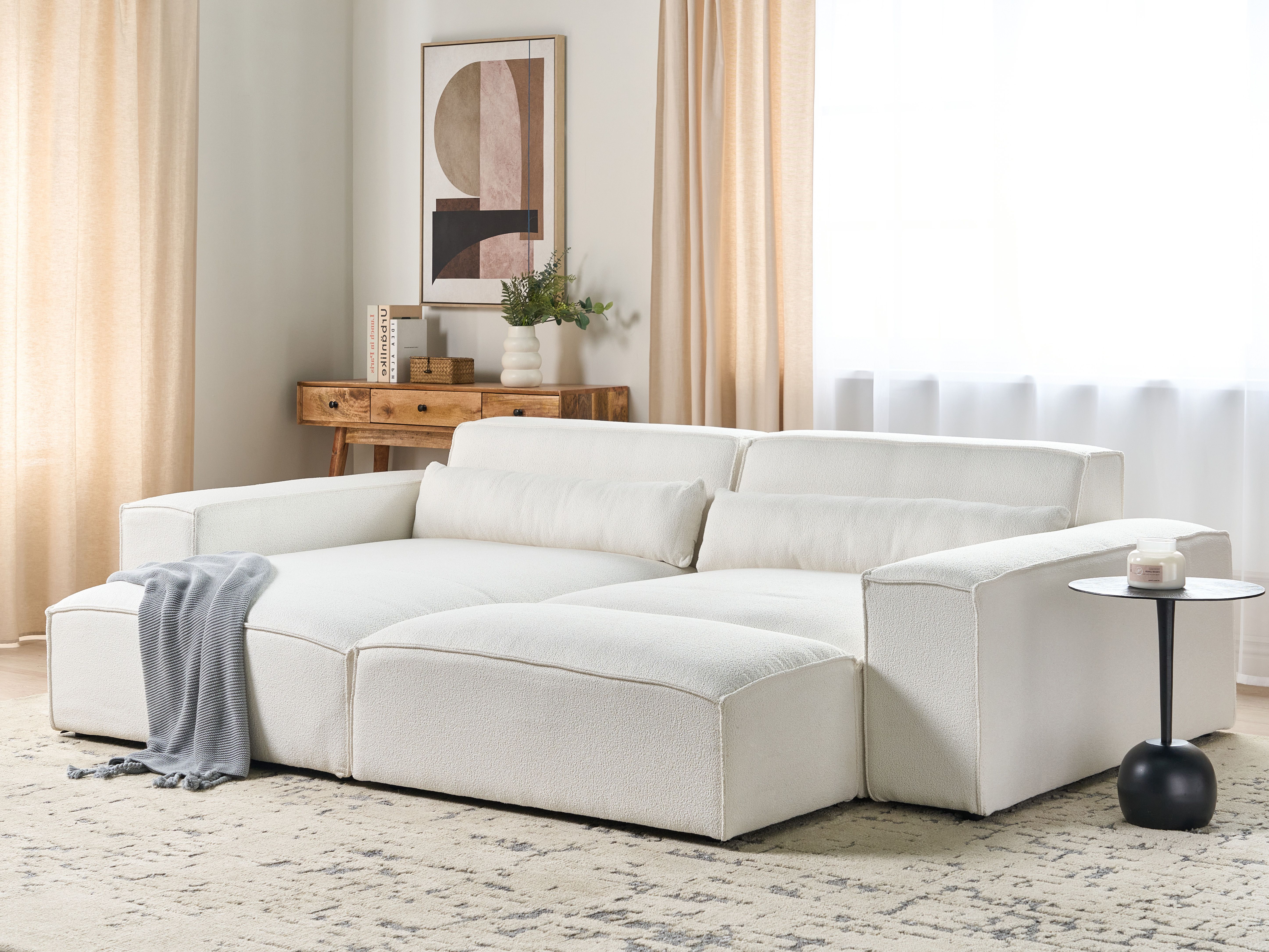 Modular Corner Sofa 3 Seater HELLNAR Boucle Off-White with Ottoman Right Hand