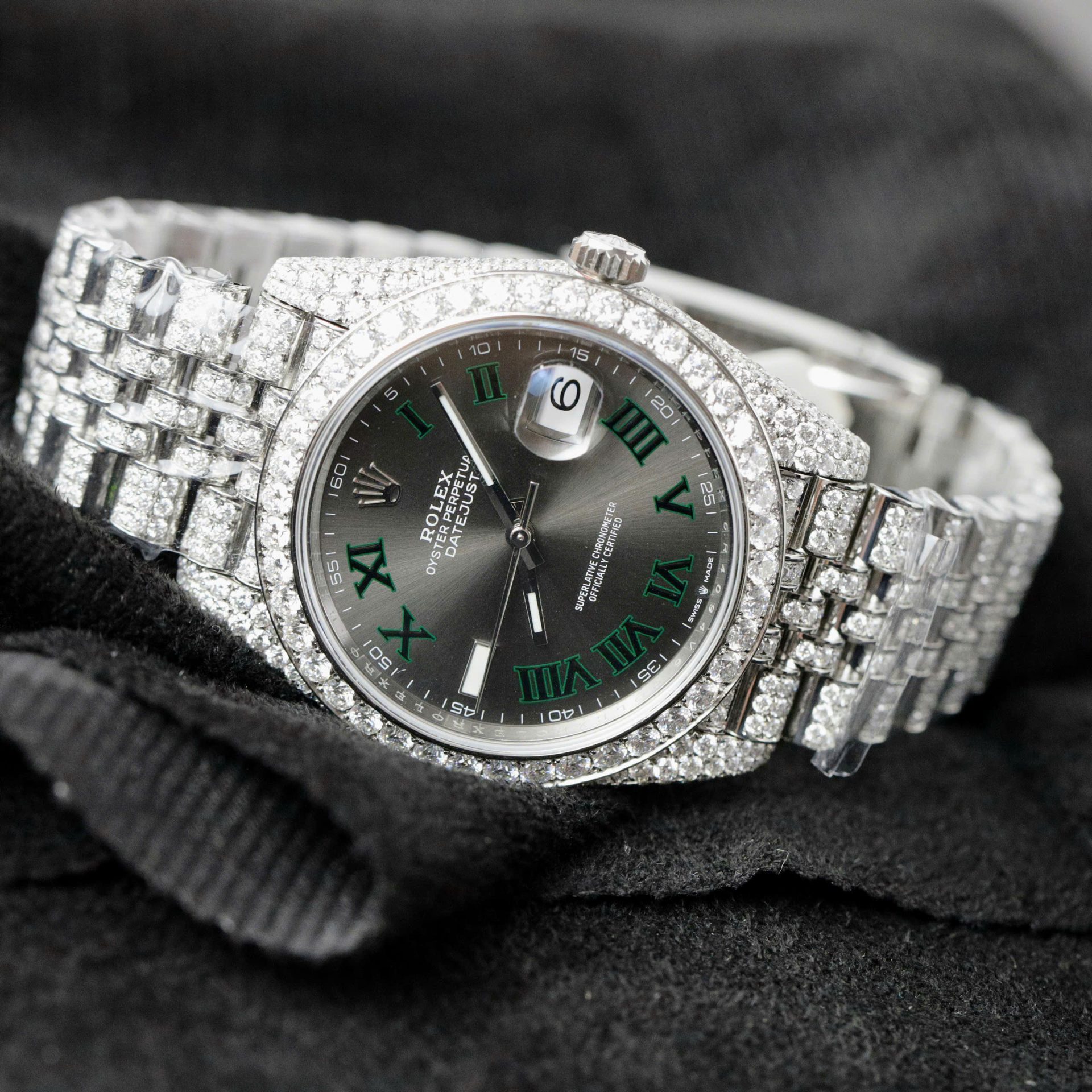 Rolex DateJust Best Copies Watch Dial Wimbledon Encrusted Moissanite Hong Kong 41mm - Elite Watch Atelier