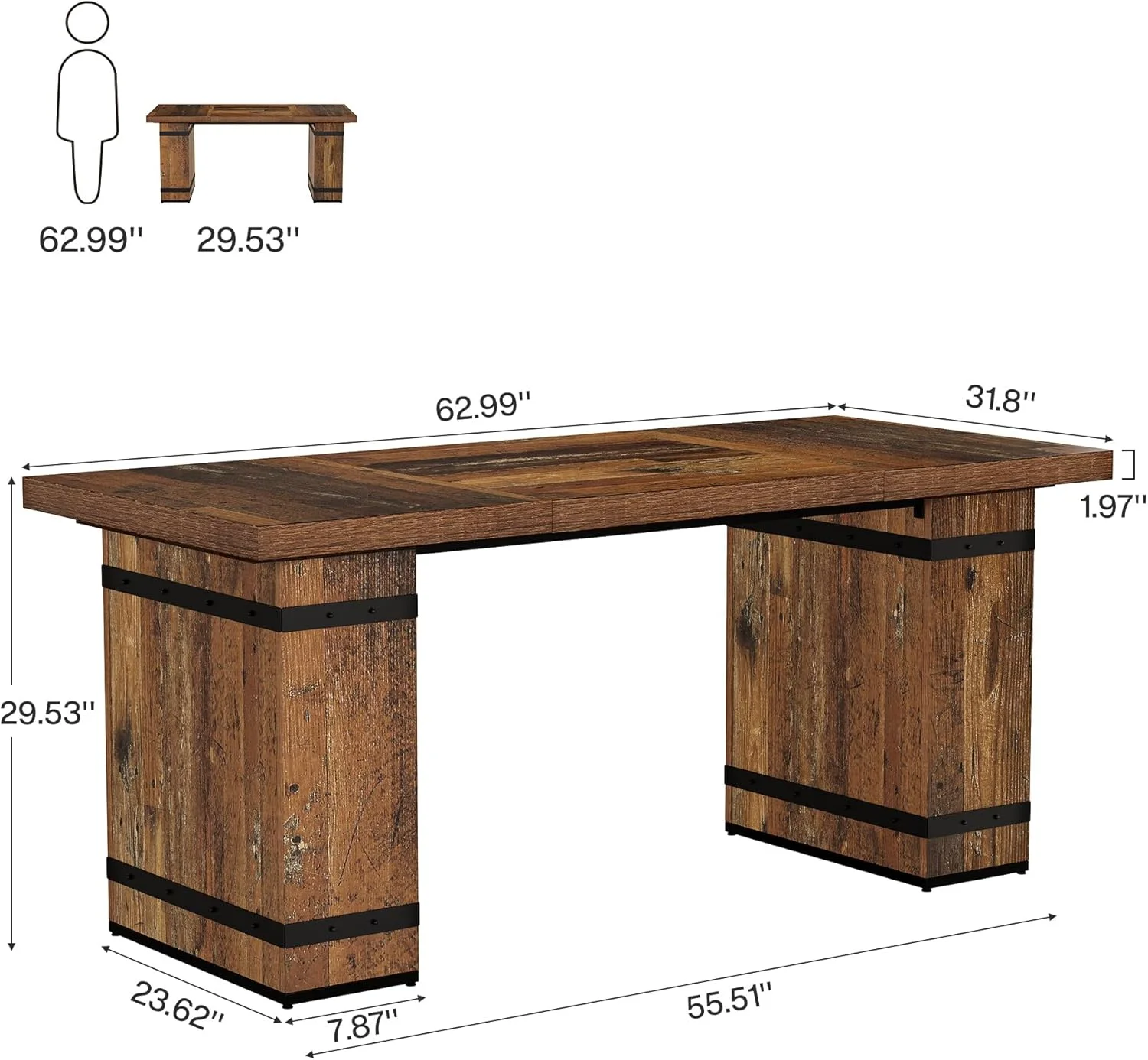 63-Inch Farmhouse Executive Desk, Large Business Workstation Table for Home Office, Mix-Brown