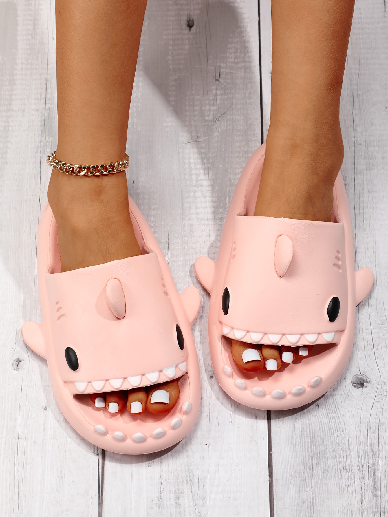 Shark Design Slides, Light Pink Preppy Style Collegiate Cartoon Slippers