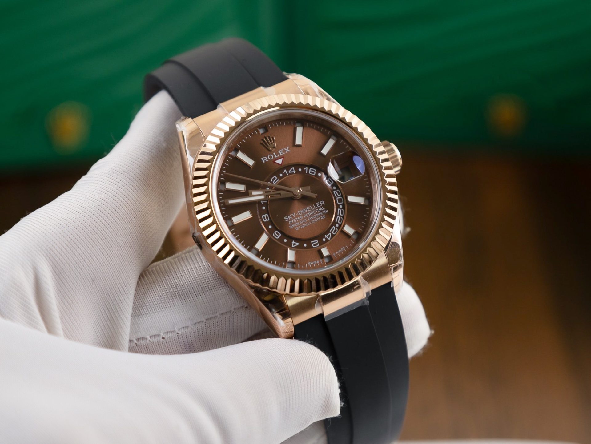 Rolex Replica 1:1 Watch Sky Dweller Chocolate Dial Rubber Strap 42mm - Elite Watch Atelier