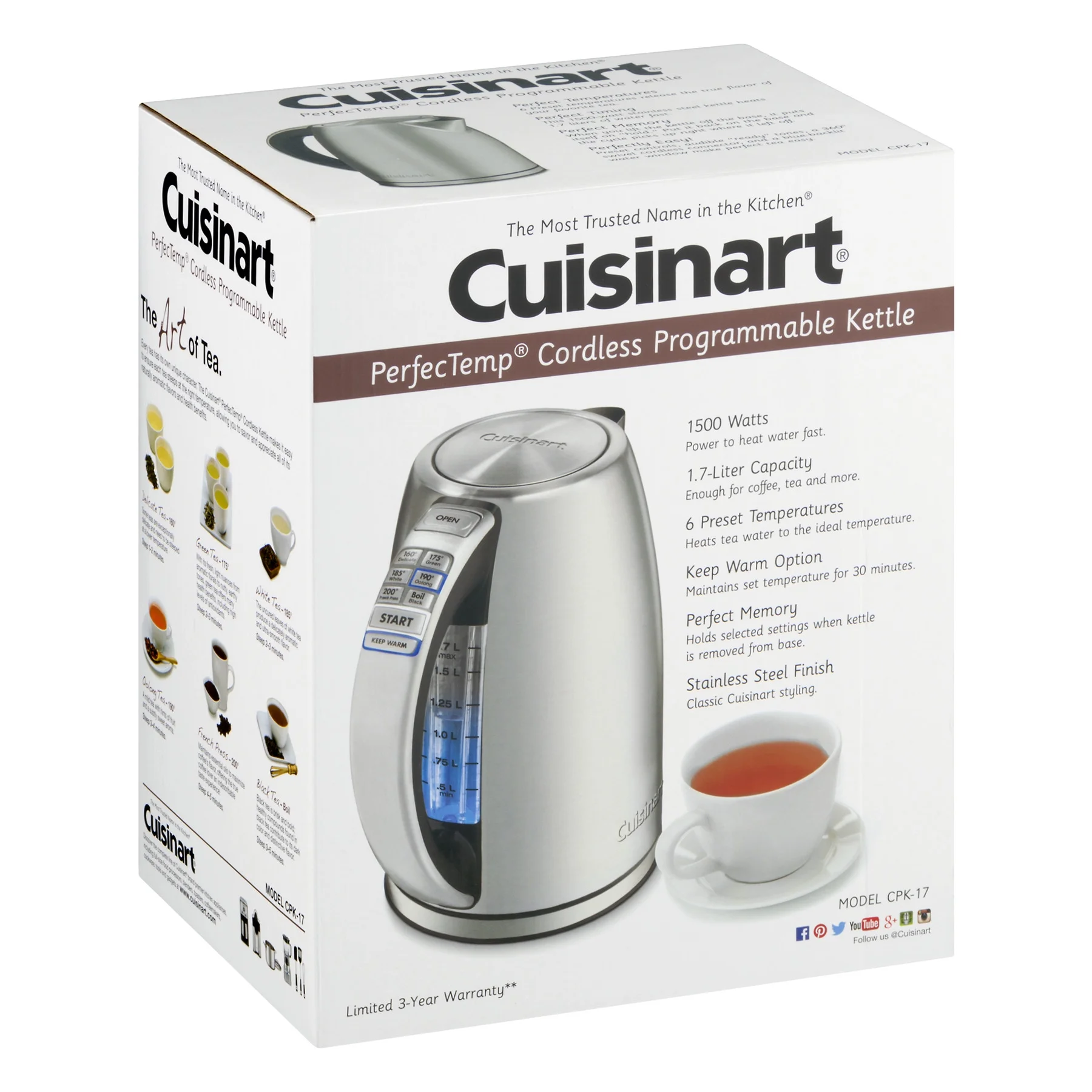 Cuisinart PerfectTemp Cordless Electric Kettle Brushed Stainless Steel (CPK-17) with 1 YR CPS Enhanced Protection Pack