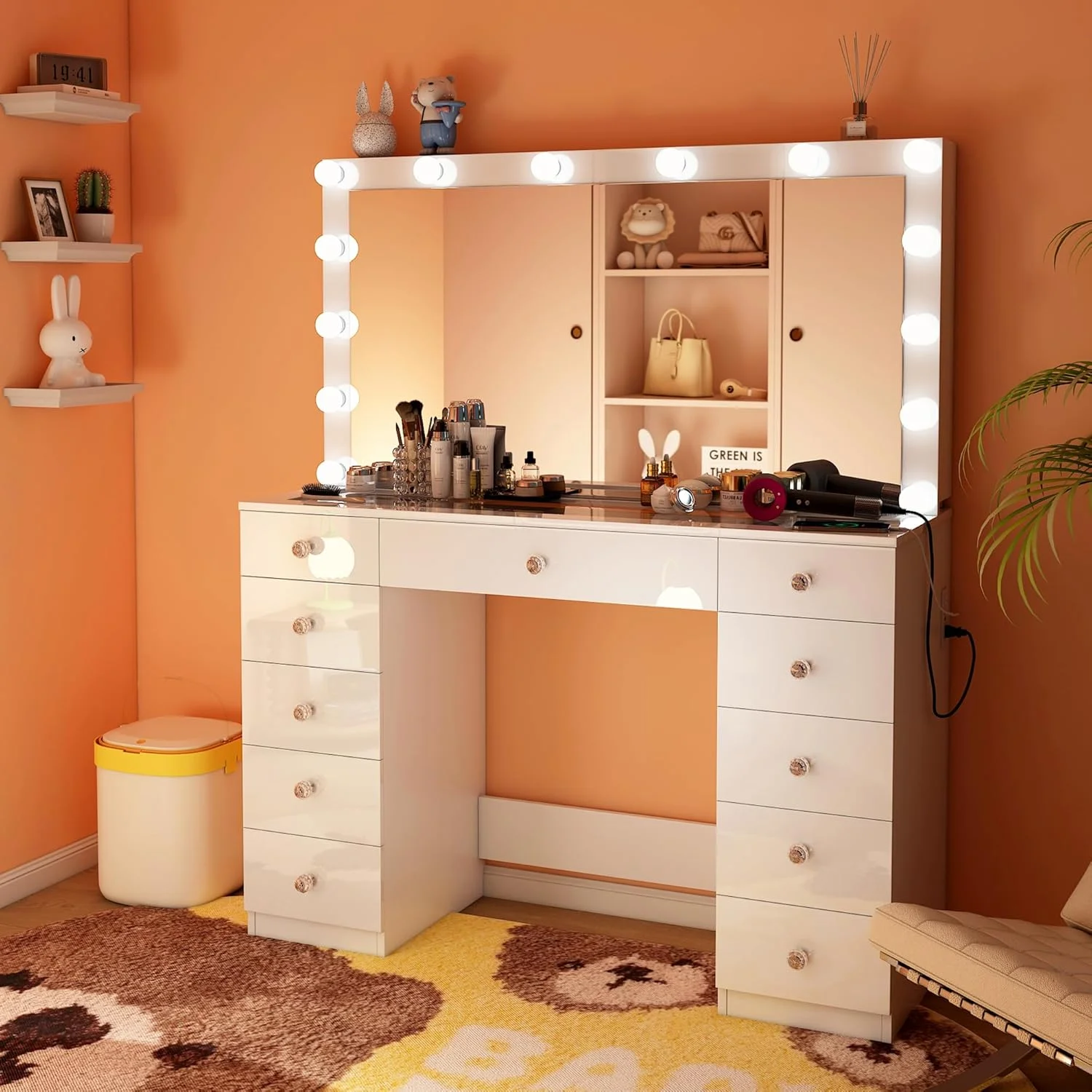 Vanity Desk with Power Outlet, Makeup Vanity with Mirror and 14 LED Light, 3 Lighting Modes,11 Drawer Vanity Table with Sliding Jewelry Storage, Glass Top, Specular Surface - Image 4