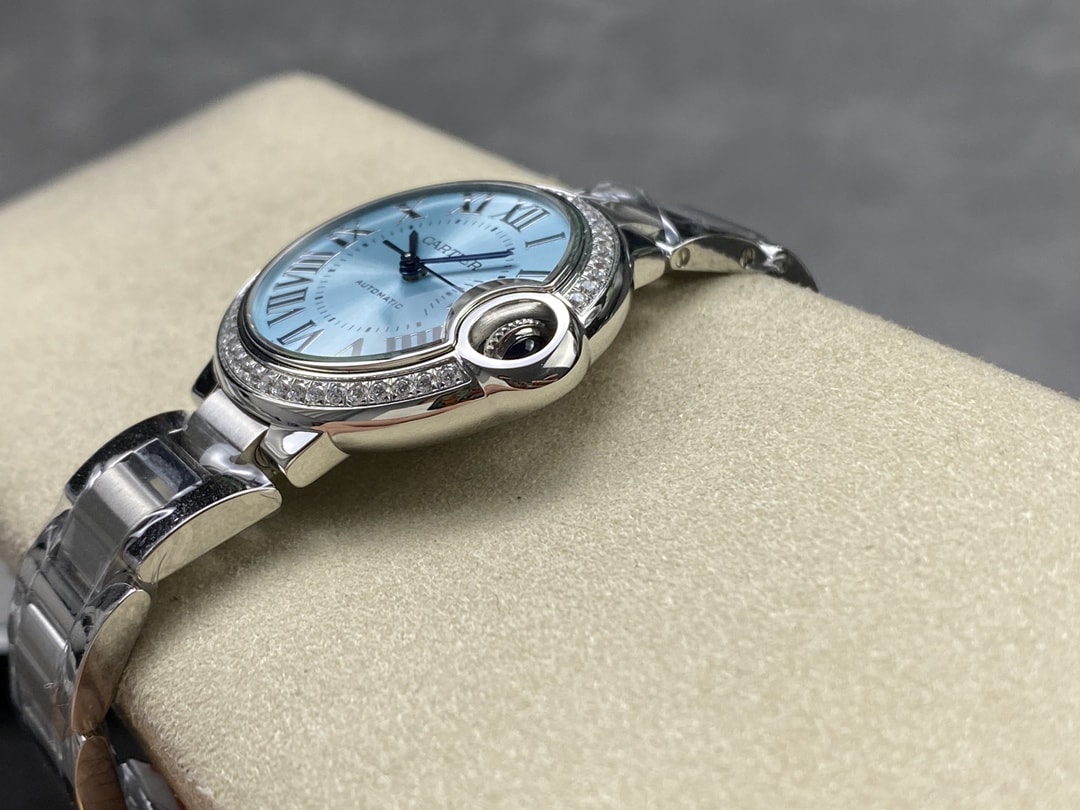 Ballon Bleu de Fake Cartier Watch Steel Diamond Bezel 33mm Blue Silver Dial W4BB0028(1:1 replica) - Top club