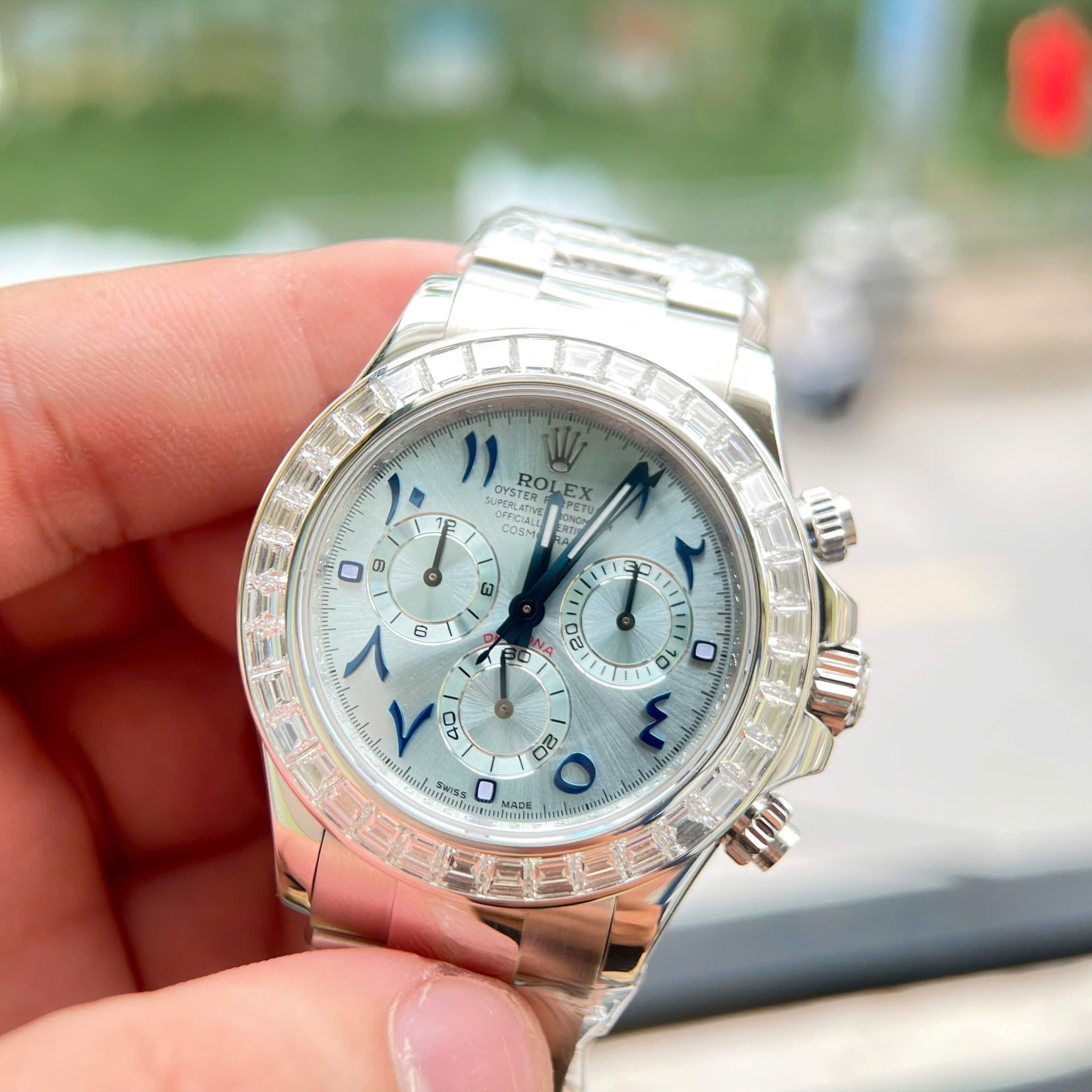Rolex Daytona Best Replica Watch Custom Solid White Gold + Diamonds Baguette Hong Kong 40mm - Top club