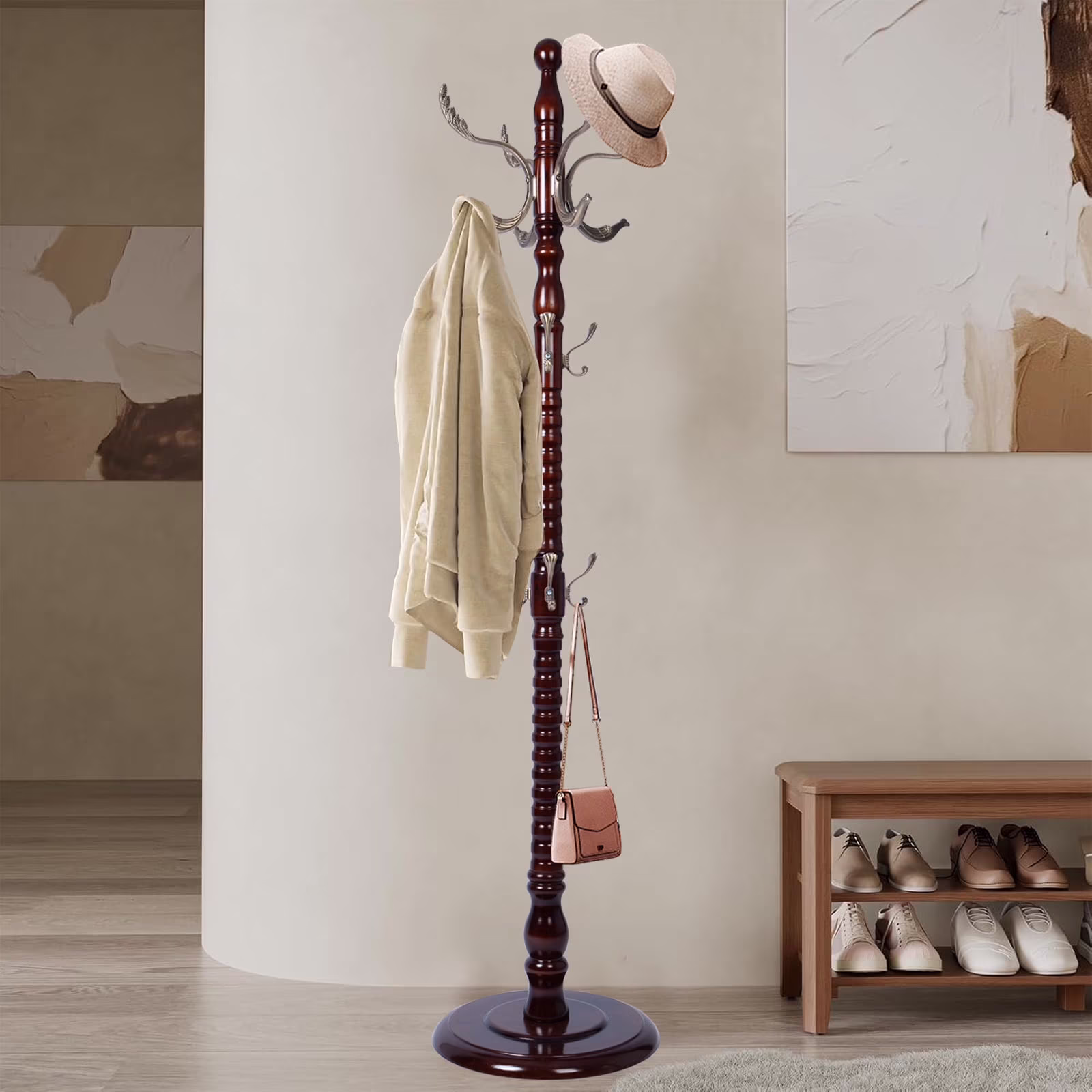 Coat Rack Freestanding, Hall Tree with 11 Hooks, Heavy Duty Wooden Coat Tree Stand, Adjustable Height, Sturdy Base for Bedroom Hallway Office - Load 270lbs - Image 7