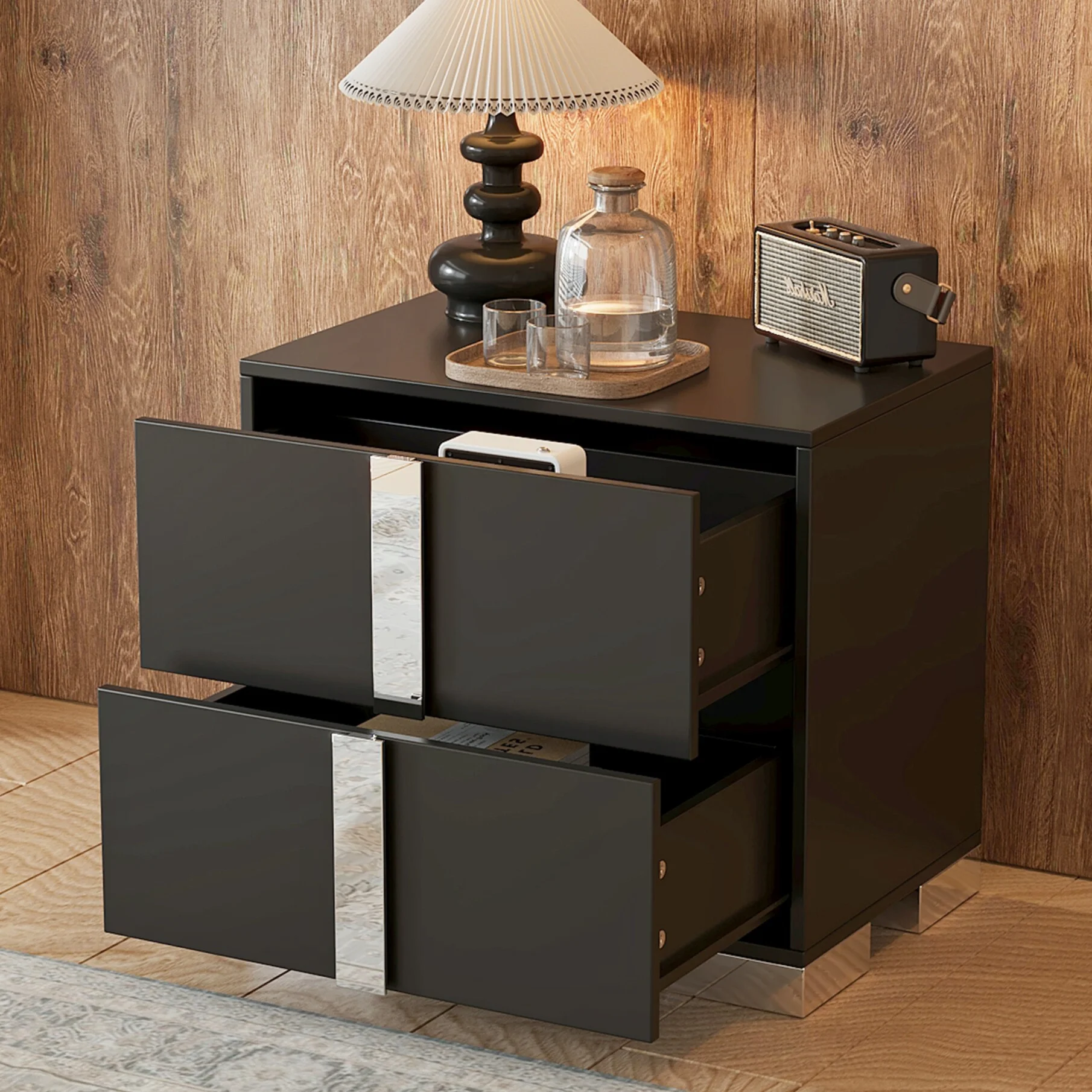 Elegant Nightstand with Metal Handle, Mirrored Bedside Table with 2 Drawers for Bedroom, Living Room, End Sofa Side Table for Living Room, Office, White - Image 10