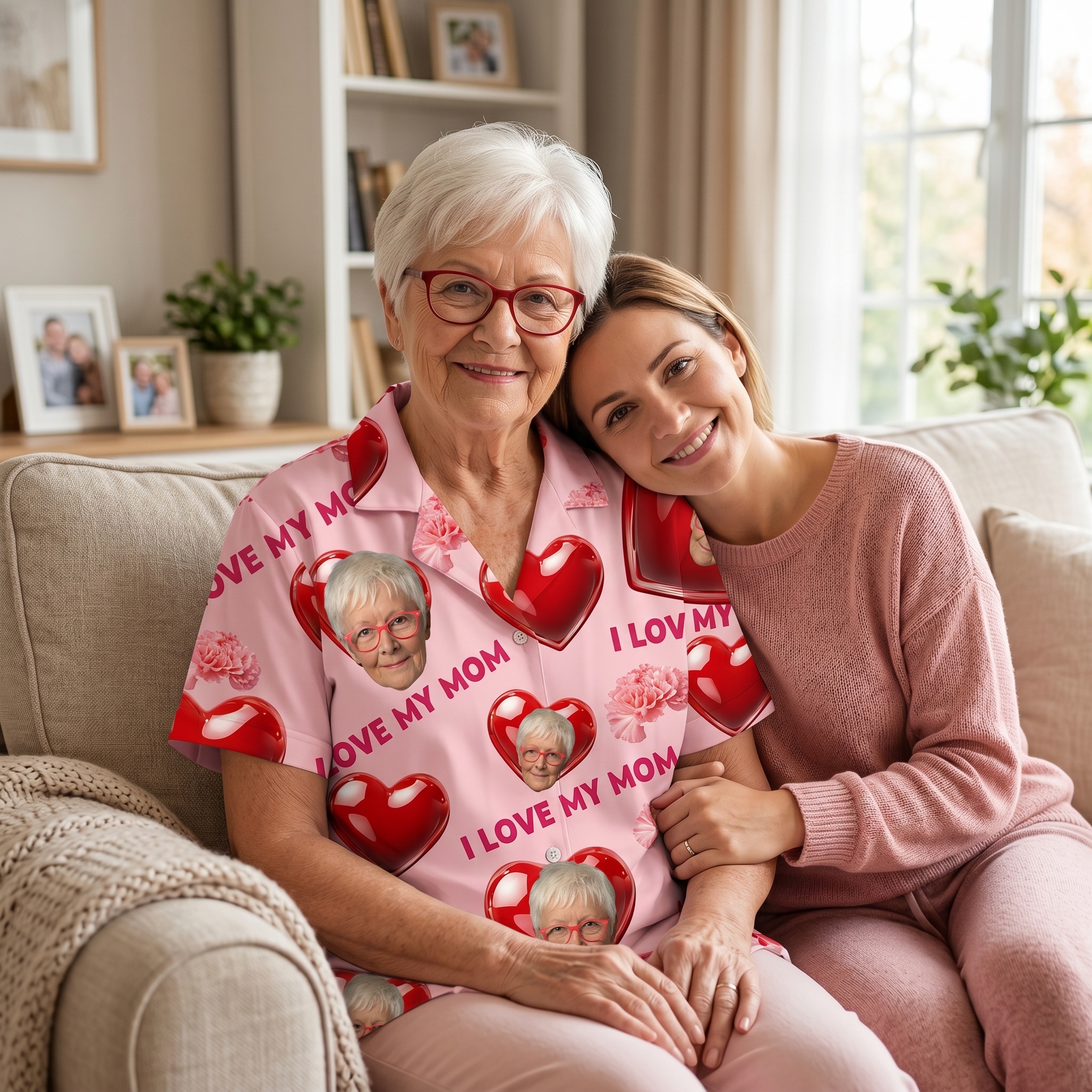 Mother and daughter smiling together on a couch, with the mother wearing customized pink photo pajamas gifted by her daughter