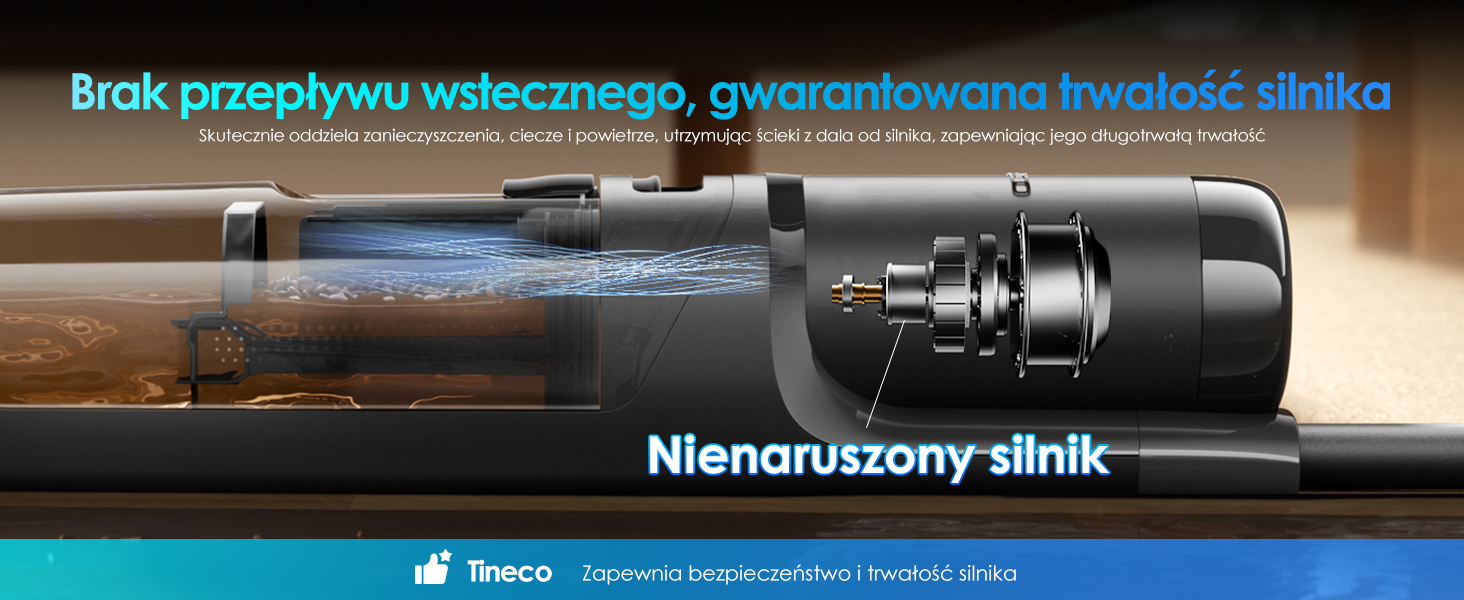 Tekst brzmi: „Brak przepływu wóbcnego, gwrantowana hydronka silnog” i „Nienaruszony silnik”. Pokazuje zbliżenie czarnego elementu mechanicznego.