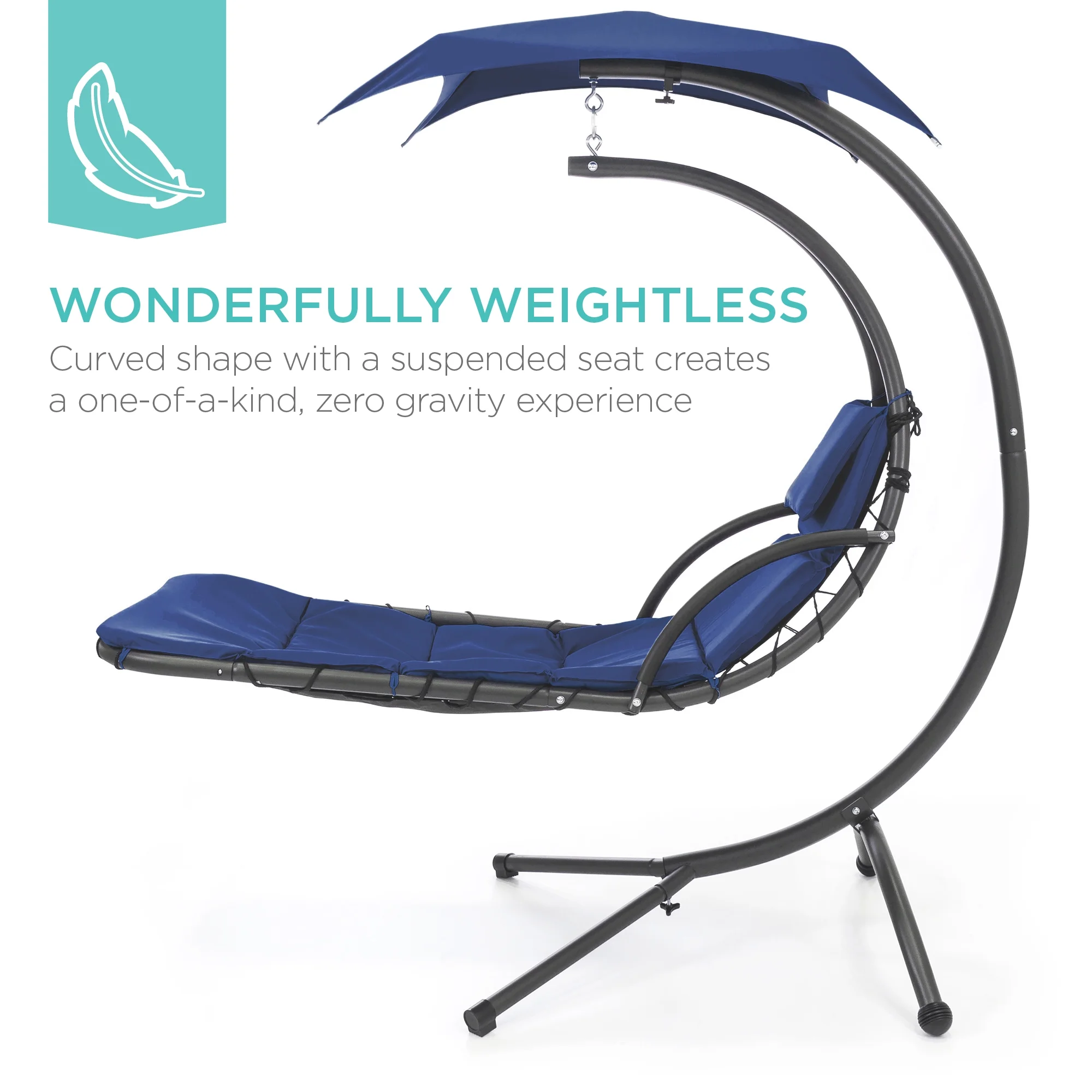 Best Choice Products Hanging Curved Chaise Lounge Chair Swing for Backyard, Patio w/ Pillow, Shade, Stand - Teal - Image 99