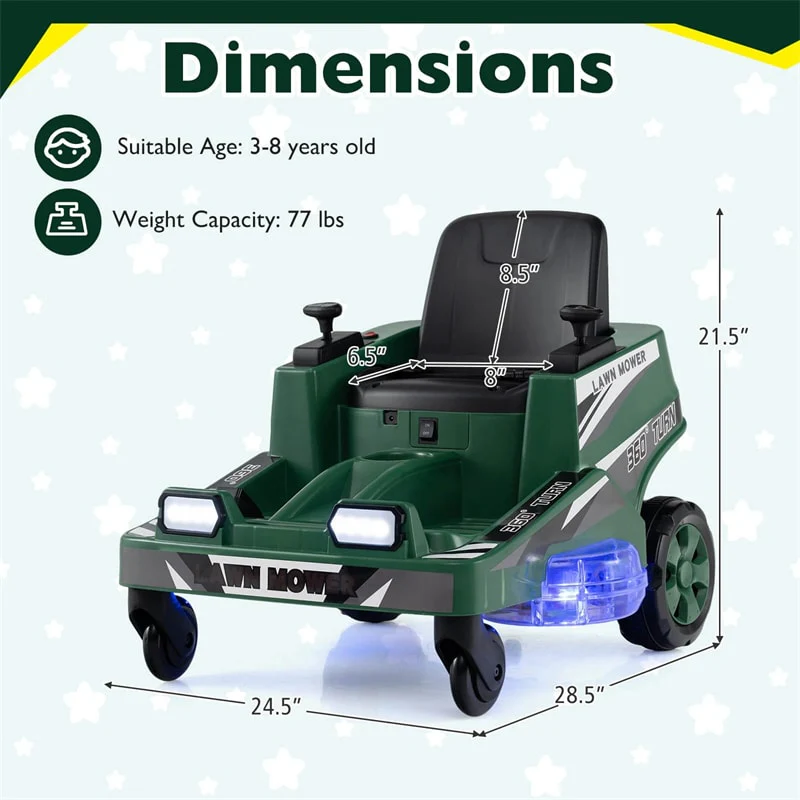 Eletriclife 12V Kids Ride-On Lawn Mower with 360�� Twist & Turn, Dual Control Sticks, LED Lights for Toddlers Aged 3-8