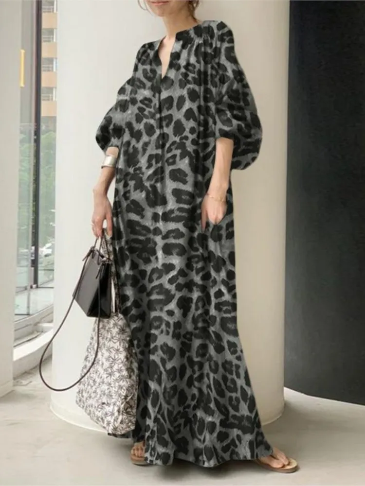 Leopard Print Long Dresses Women Fashion Temperament V-neck Puff Sleeves Loose Dress Trendy Bohemian Style Vestidos Spring New - AZJHJ