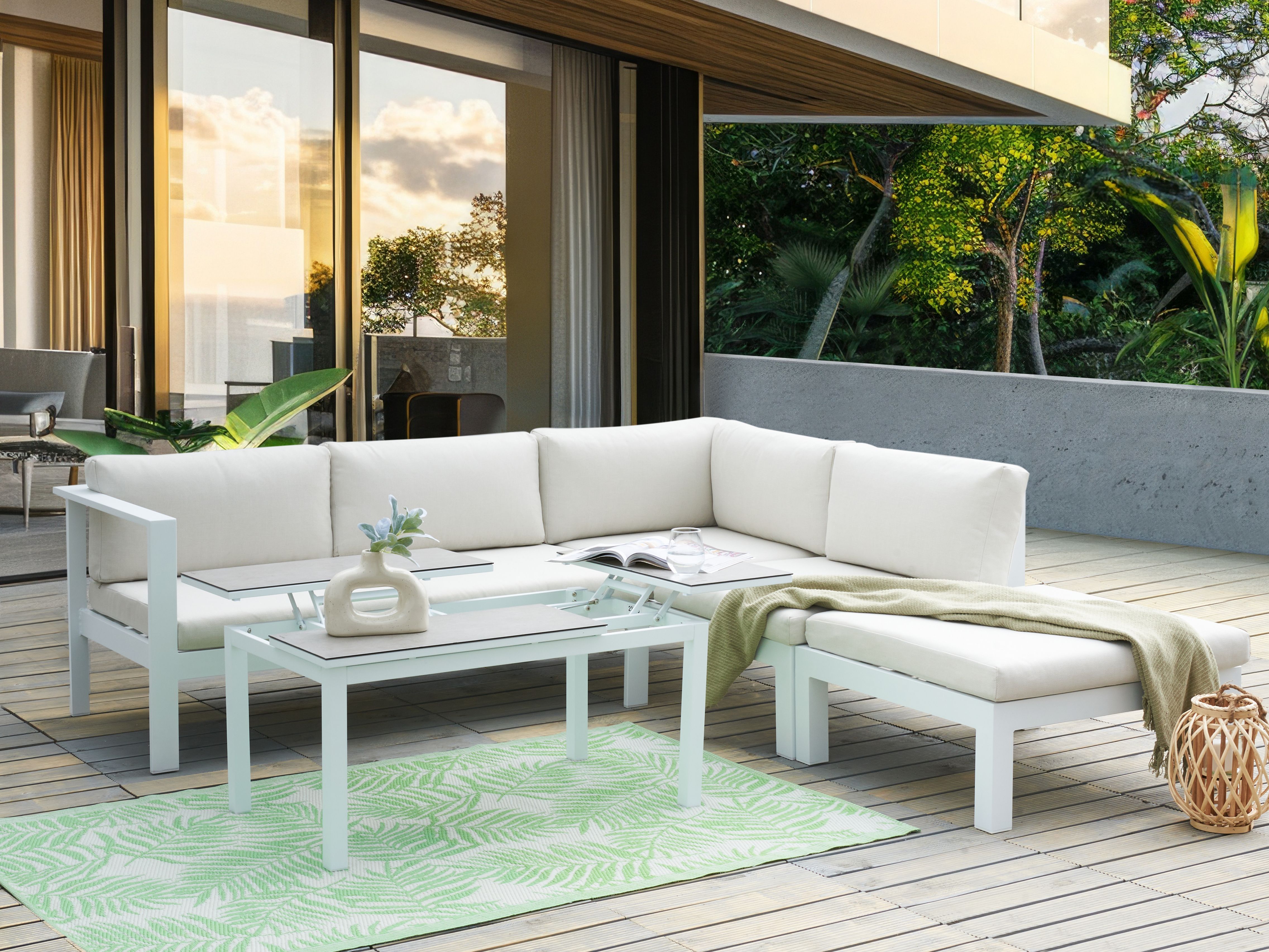 Garden Corner Sofa with Table 5 Seater MESSINA Left Hand Metal Off-White