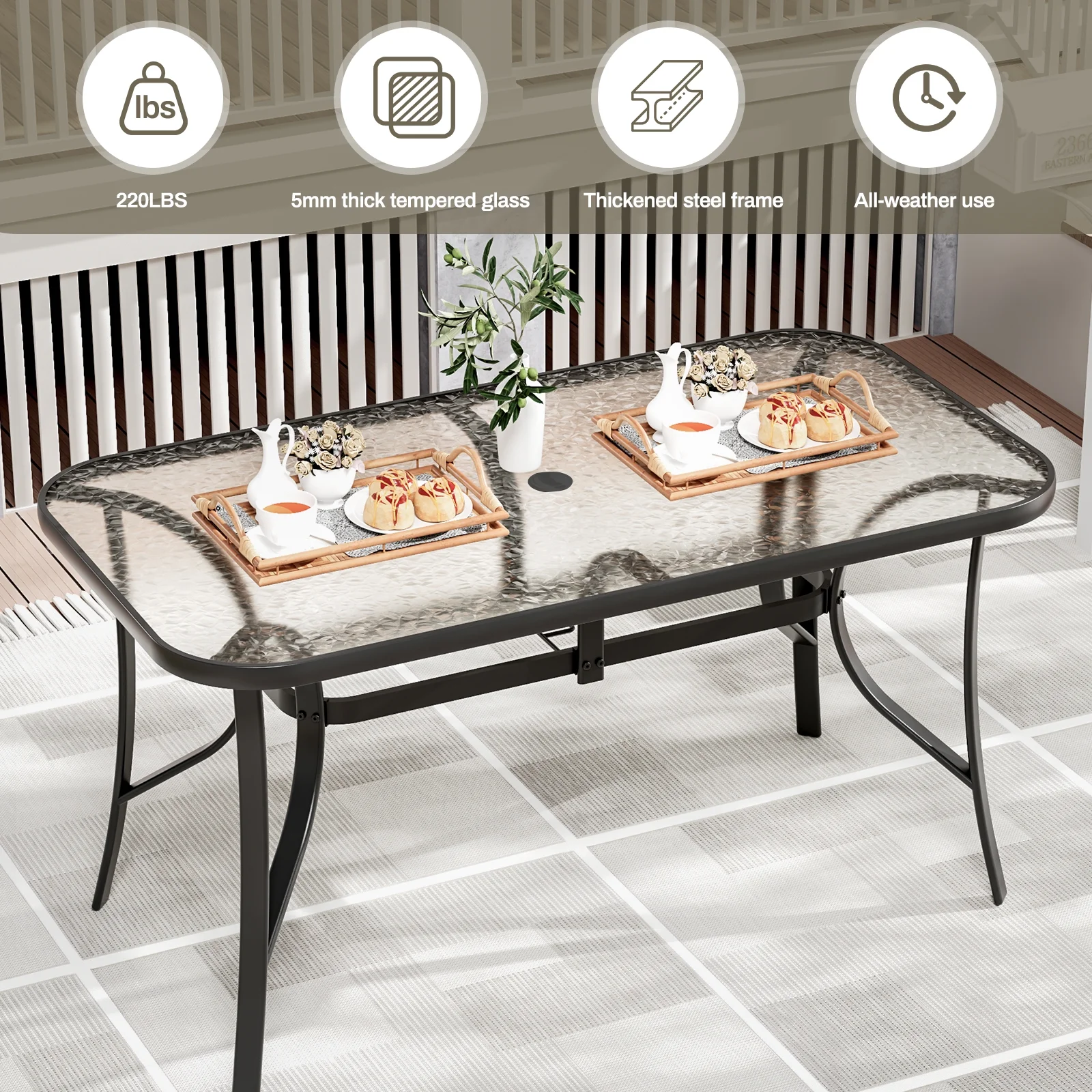 Arlopu Patio Rectangular Tempered Glass Dining Table, All-Weather Use, Outdoor Table for Garden & Backyard - Image 10