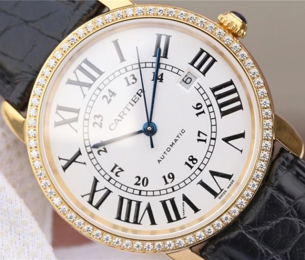 Replica Cartier Ronde De Cartier YG White Dial Diamonds Bezel Croco Strap A2892 - Top club