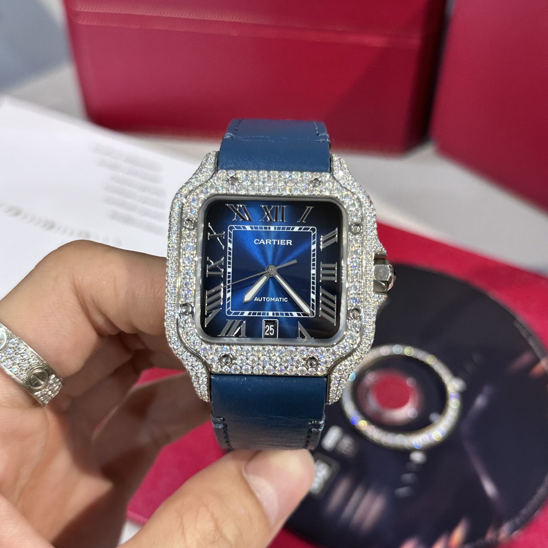 Cartier Santos Replica Watch Blue Dial Custom Moissanite Diamonds 39.8mm - Top club