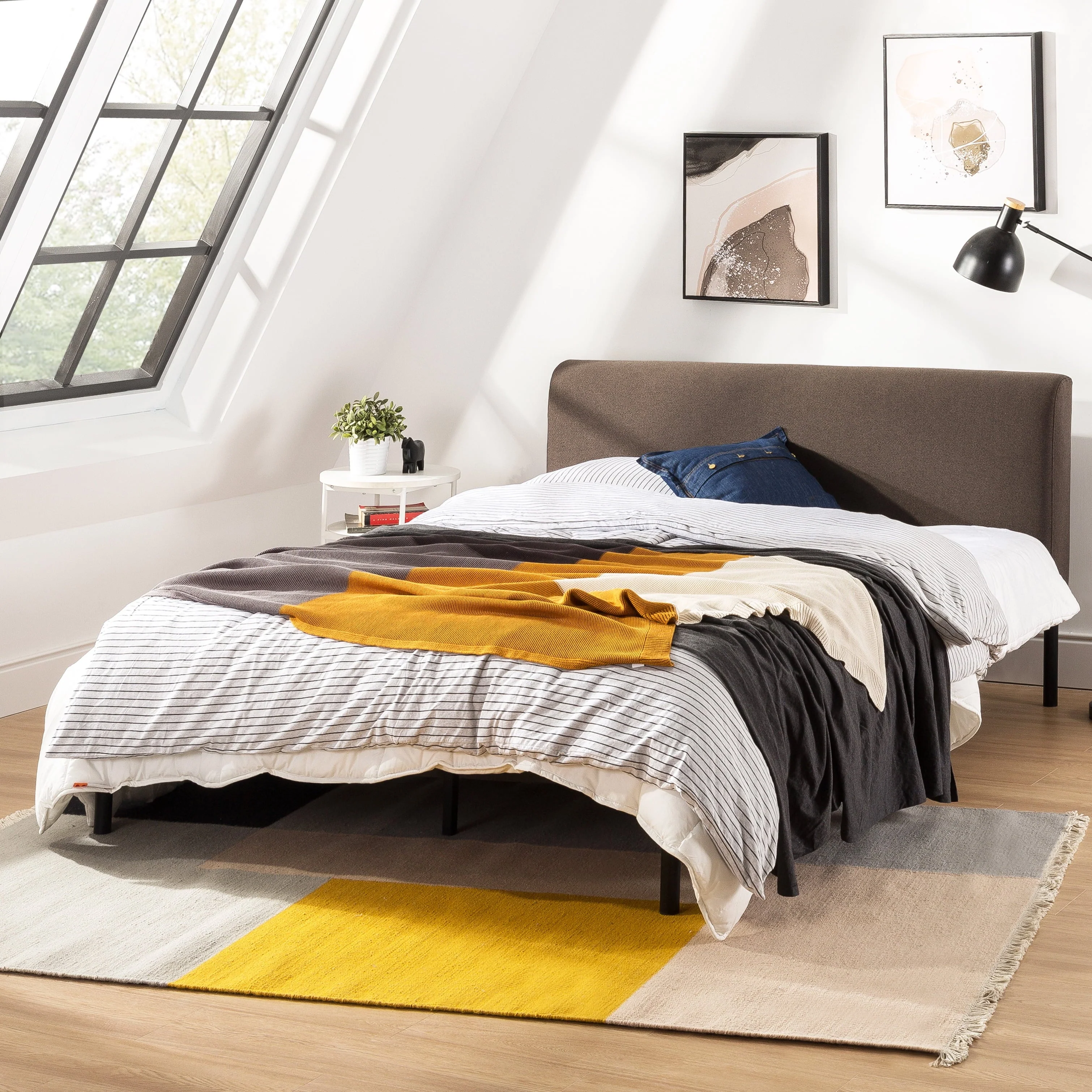 Mellow BREE Metal Platform Bed with Curved Upholstered Headboard, Steel Slats, Easy Assembly, Espresso Brown, King