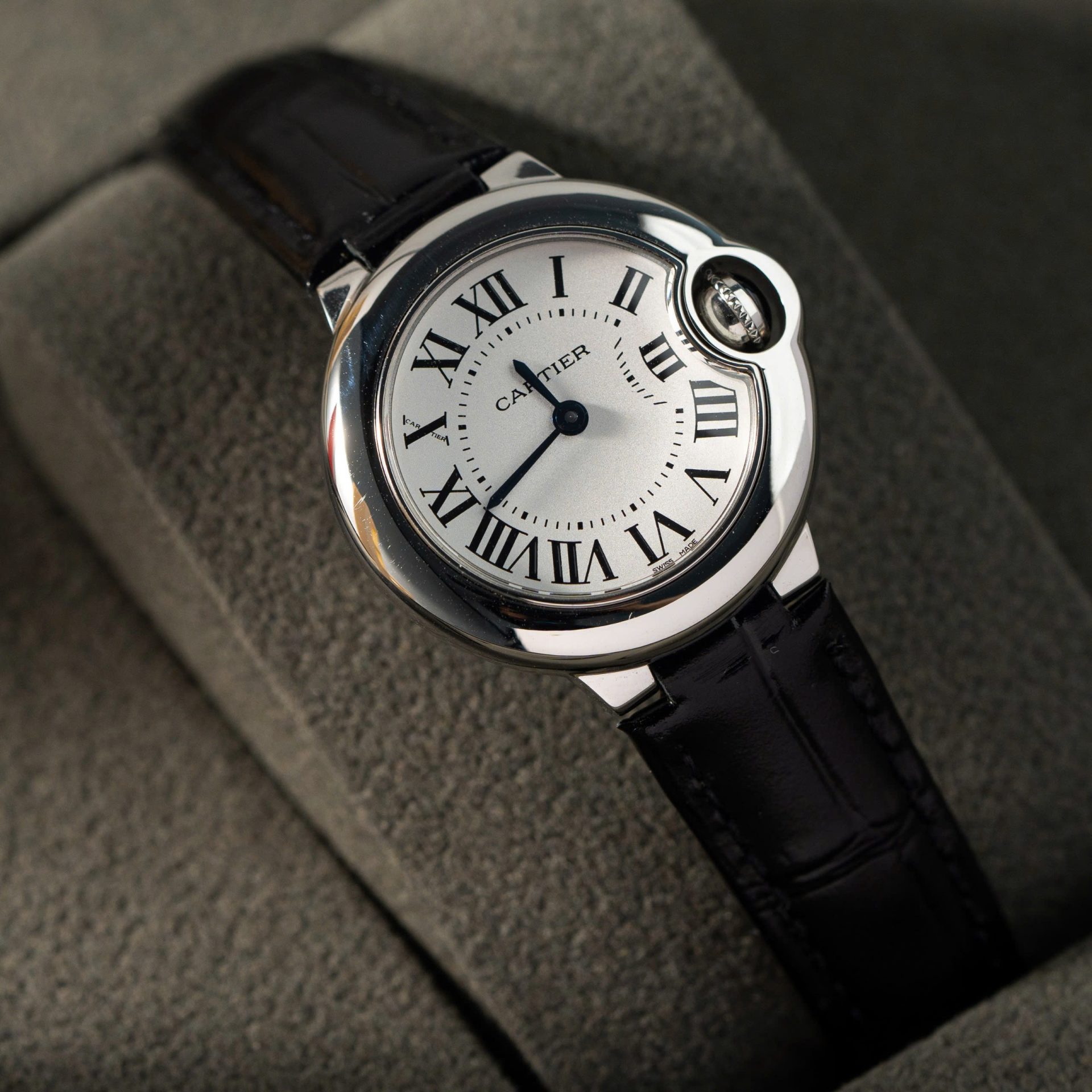 Cartier Ballon Bleu Women s Replica 11 Watch White Dial Black Leather Strap 28mm - Elite Watch Atelier